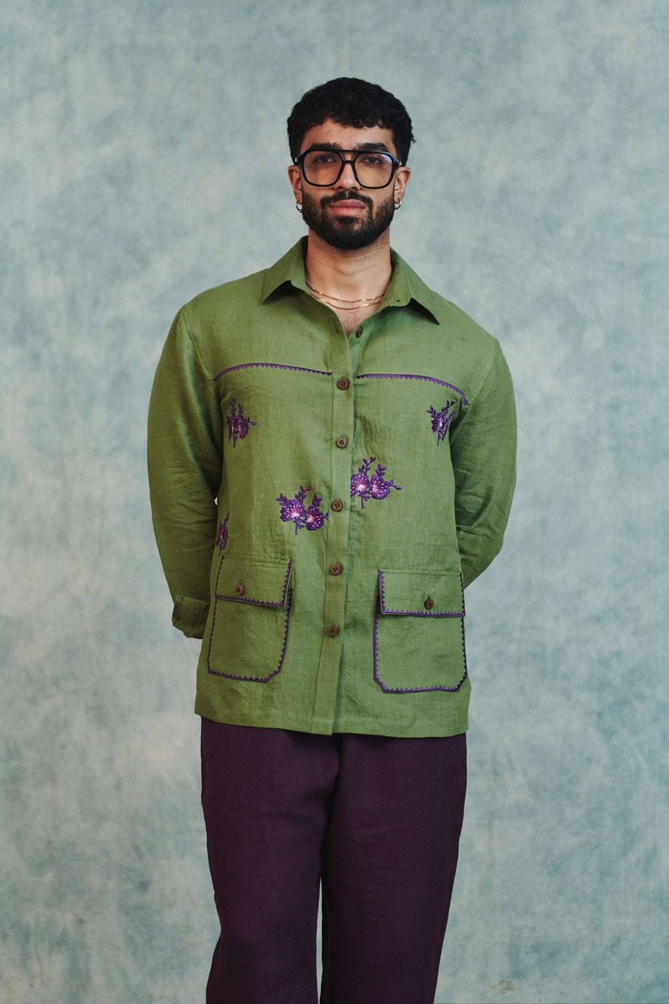Moss Linen Embroidered Men's Overshirt - CiceroniMen ShirtsSaphed
