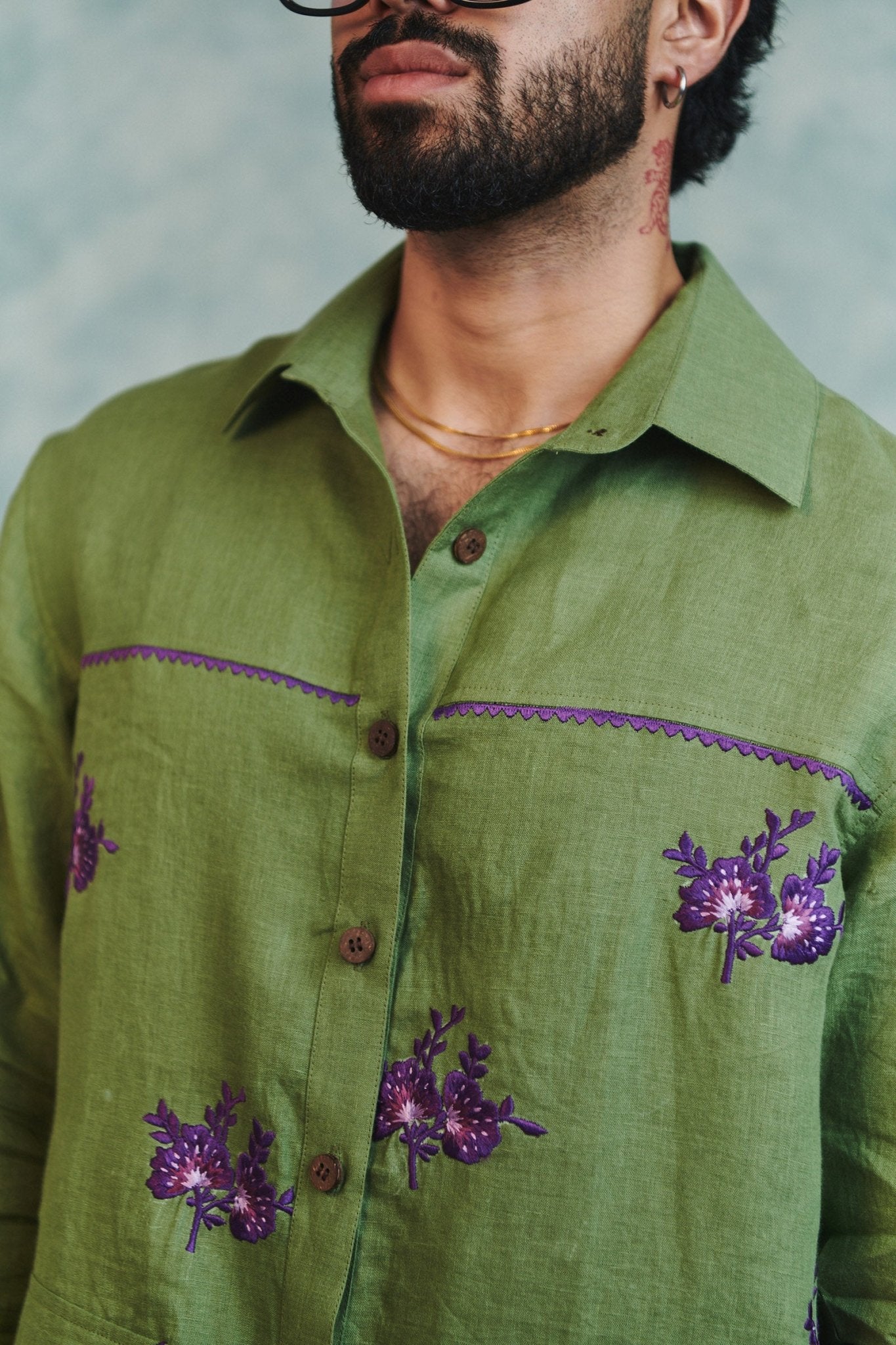 Moss Linen Embroidered Men's Overshirt - CiceroniMen ShirtsSaphed