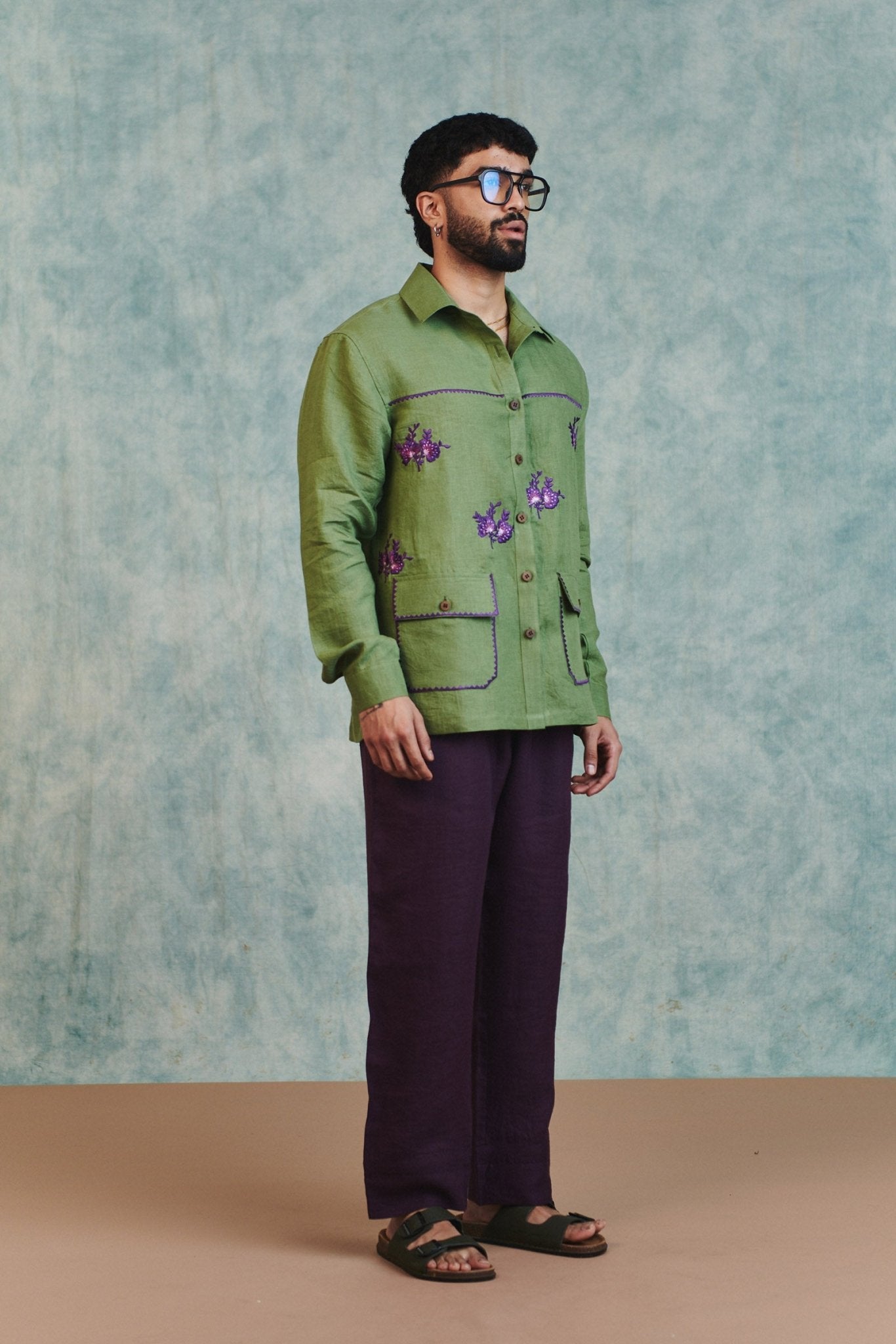 Moss Linen Embroidered Men's Overshirt - CiceroniMen ShirtsSaphed