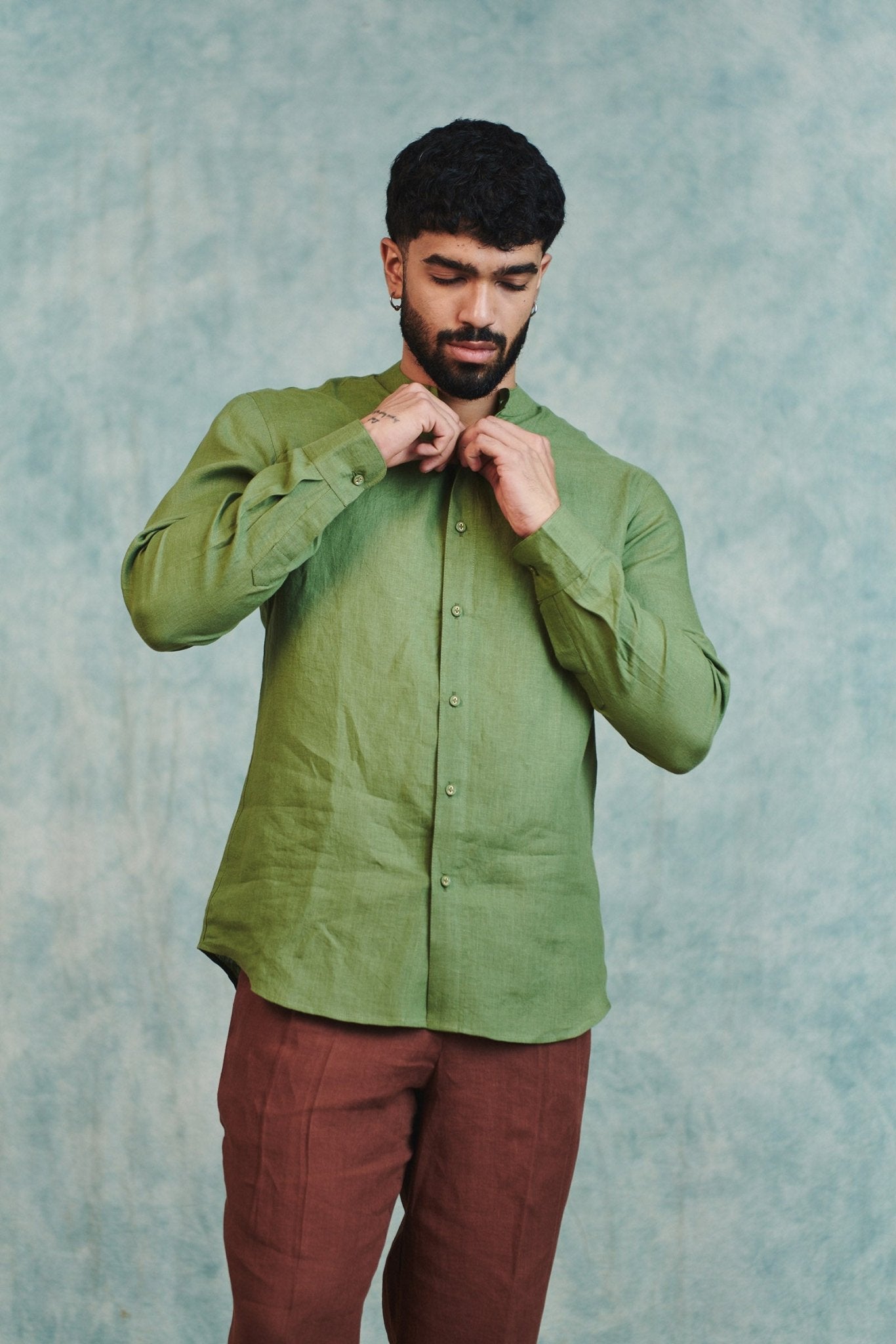 Moss Linen Men's Band Collar Shirt - CiceroniMen ShirtsSaphed
