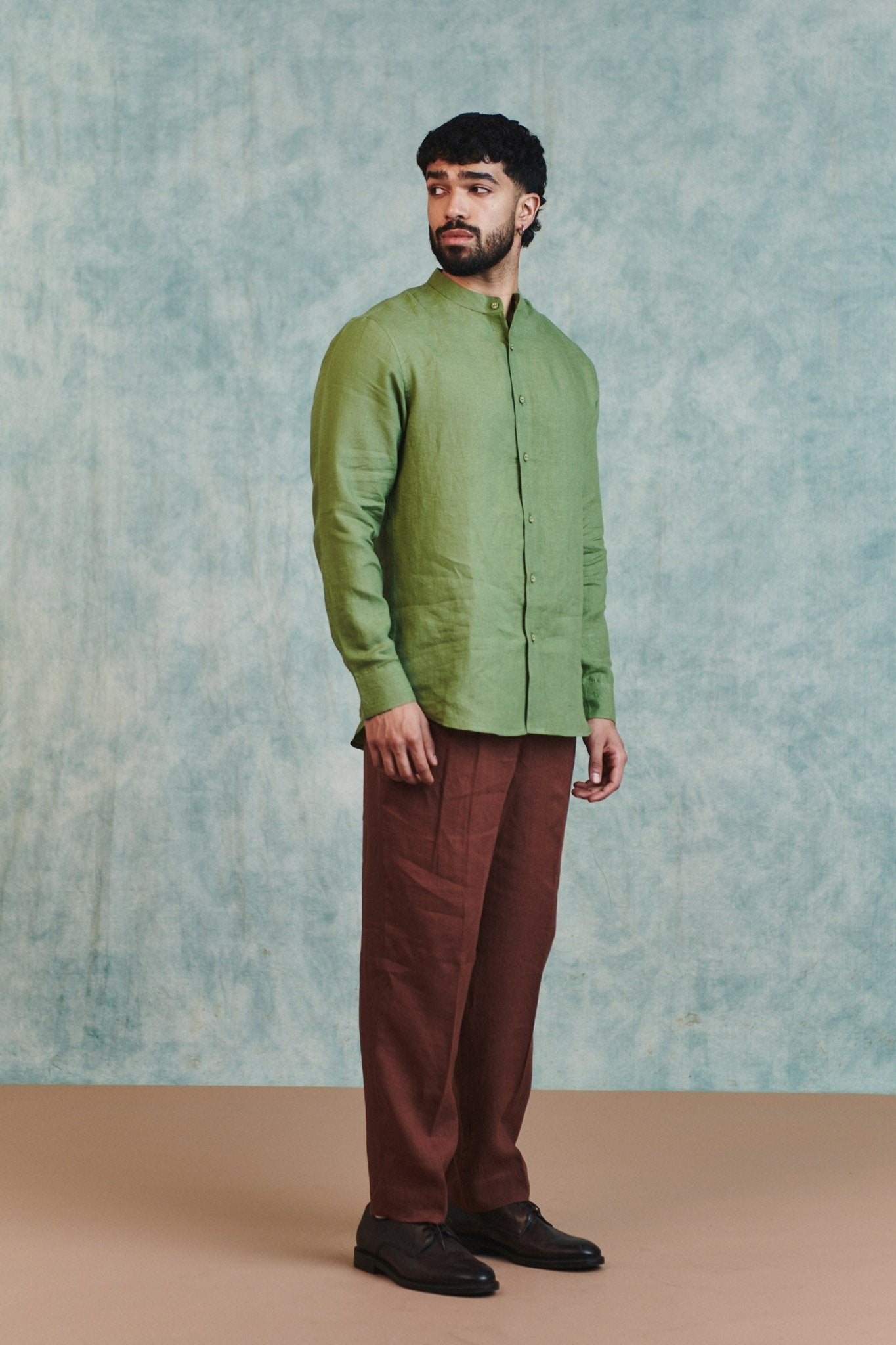 Moss Linen Men's Band Collar Shirt - CiceroniMen ShirtsSaphed