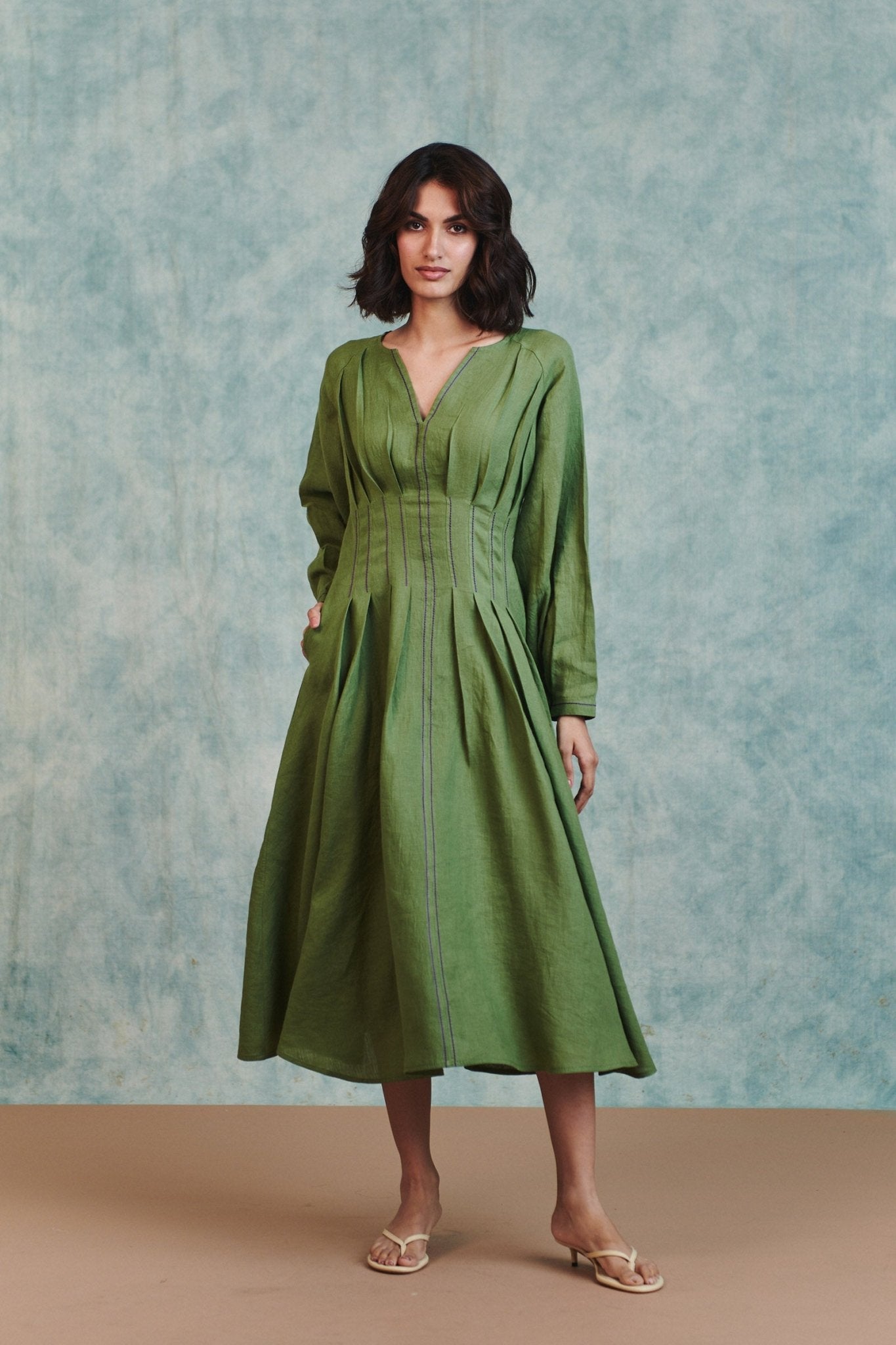 Moss Linen Pleated Waist Dress - CiceroniDressesSaphed