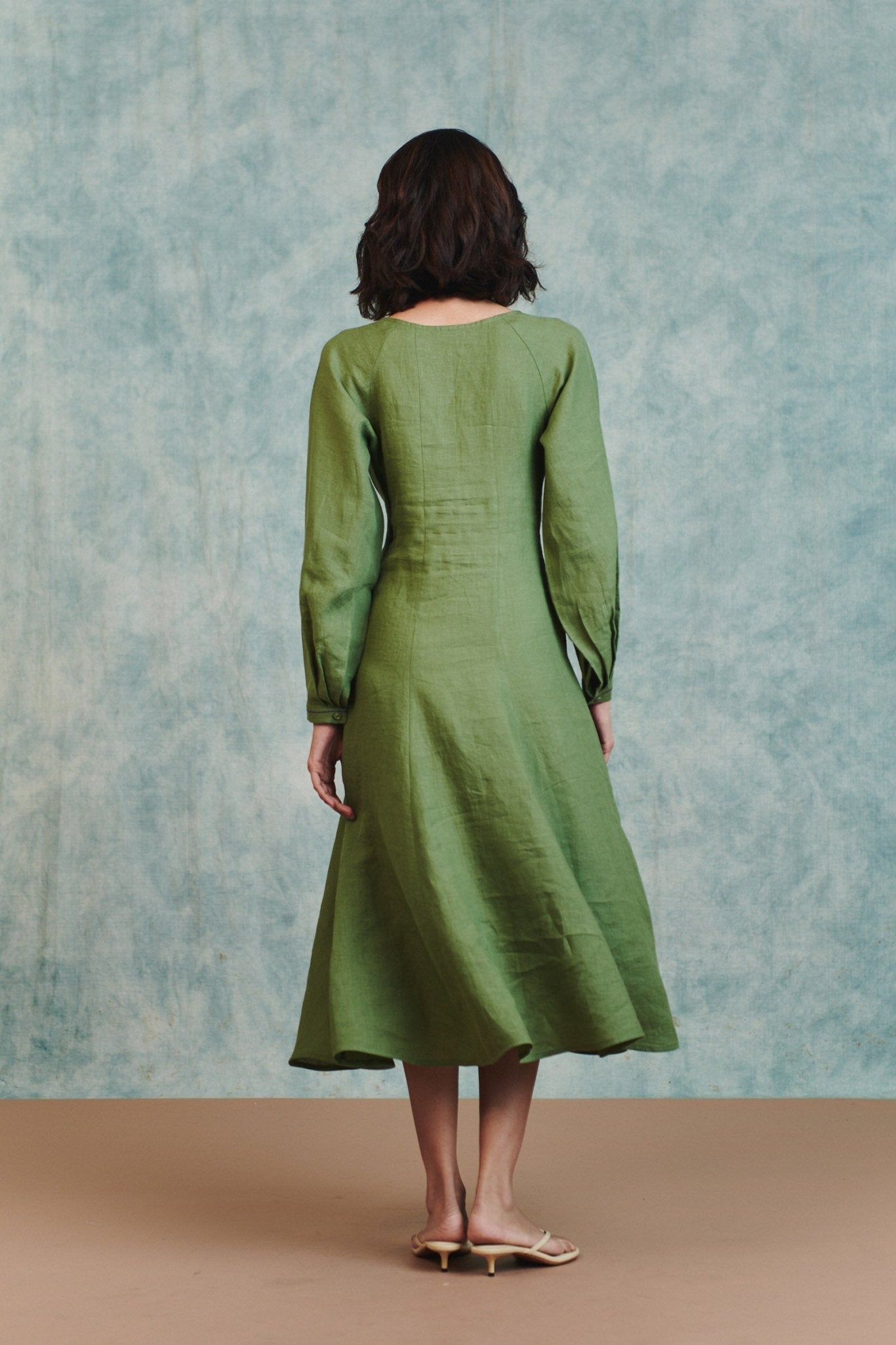 Moss Linen Pleated Waist Dress - CiceroniDressesSaphed