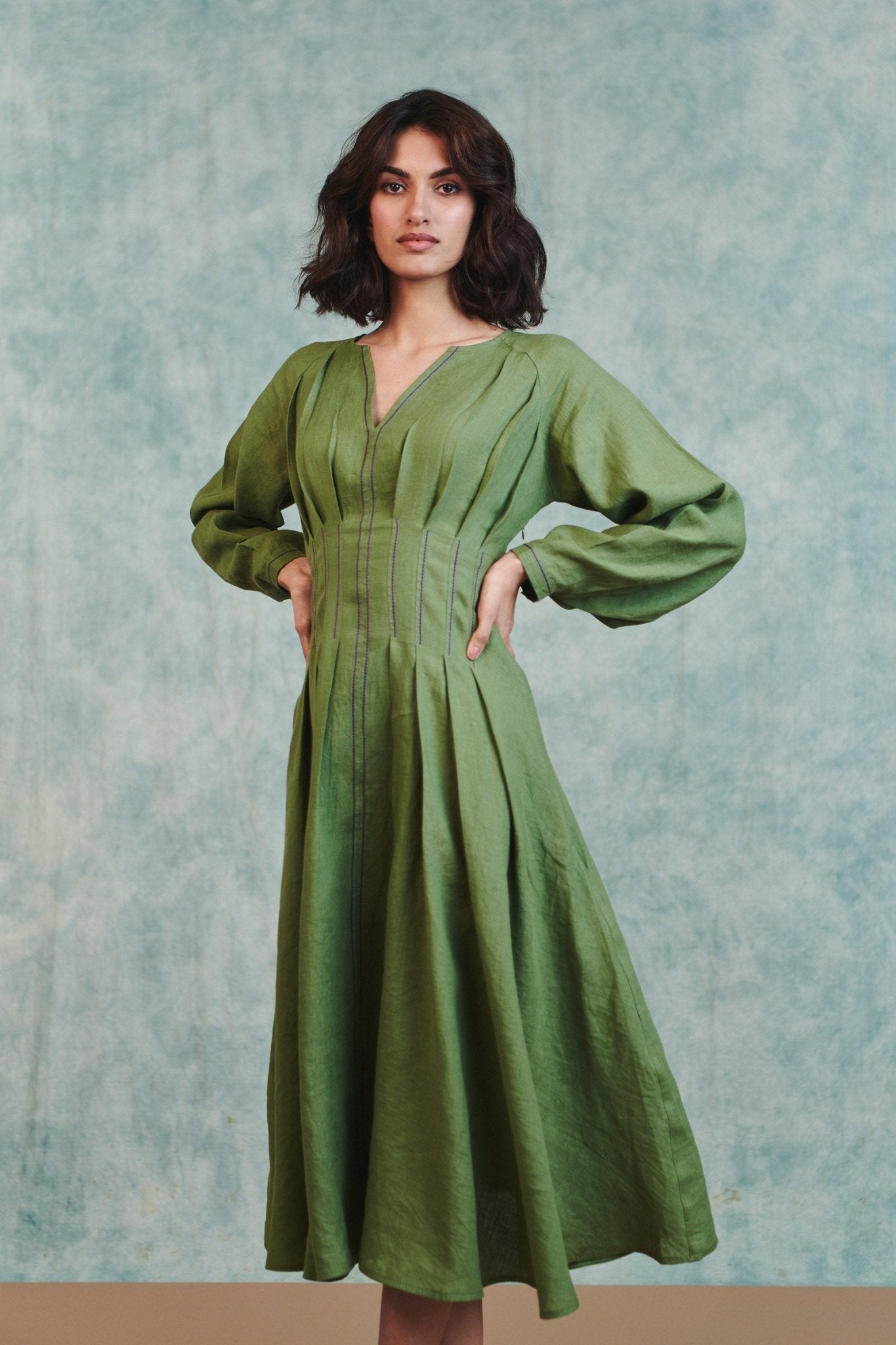 Moss Linen Pleated Waist Dress - CiceroniDressesSaphed