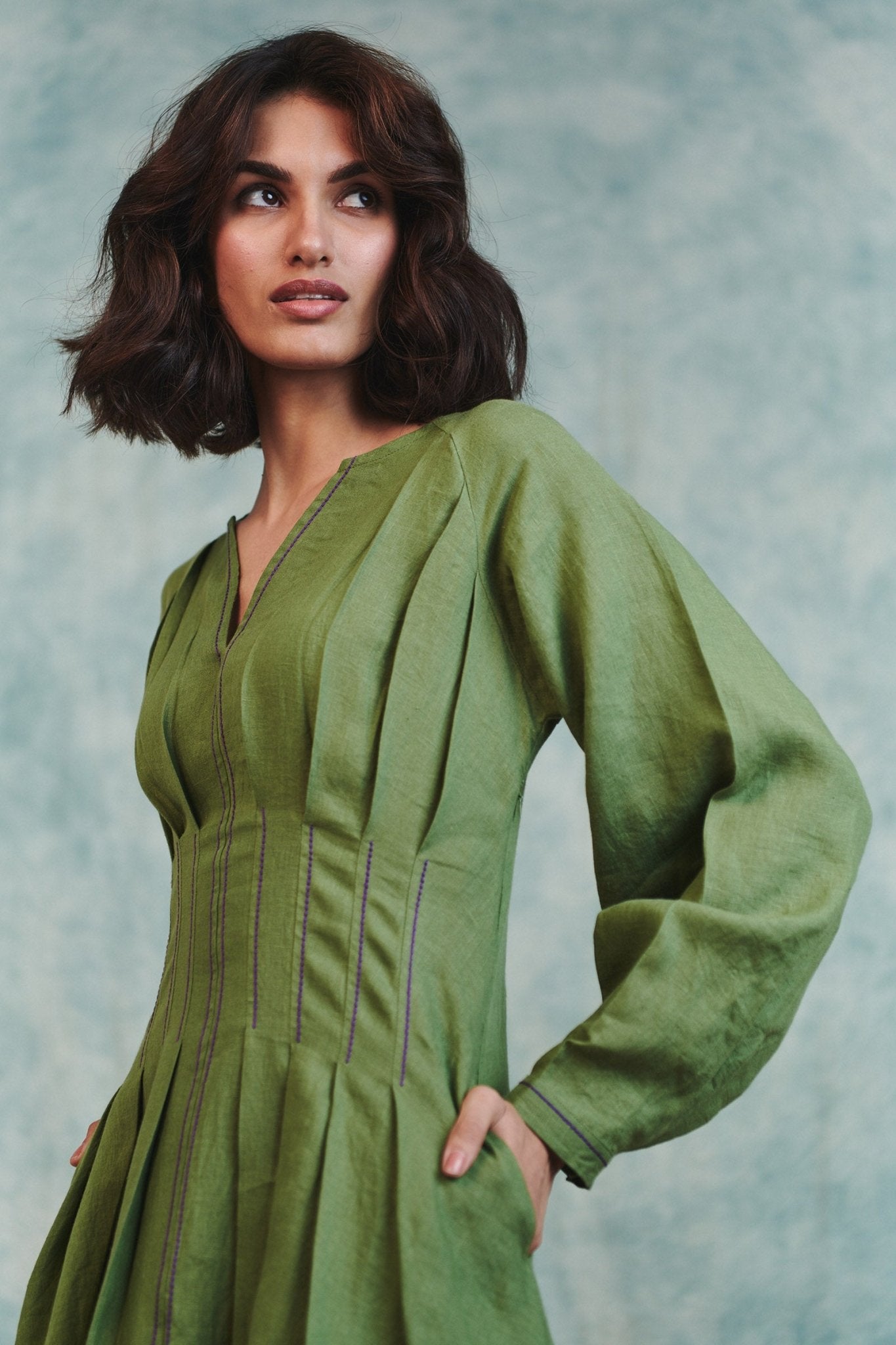 Moss Linen Pleated Waist Dress - CiceroniDressesSaphed