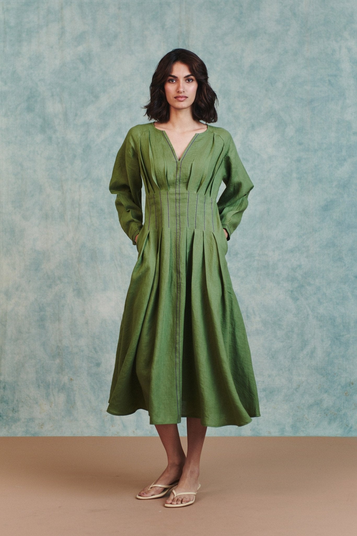 Moss Linen Pleated Waist Dress - CiceroniDressesSaphed