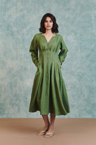 Moss Linen Pleated Waist Dress - CiceroniDressesSaphed