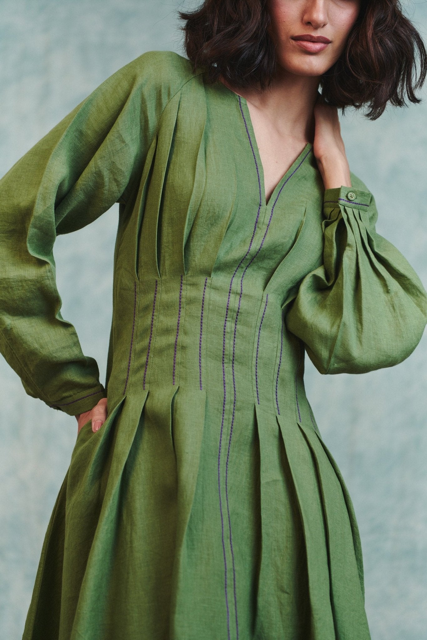 Moss Linen Pleated Waist Dress - CiceroniDressesSaphed