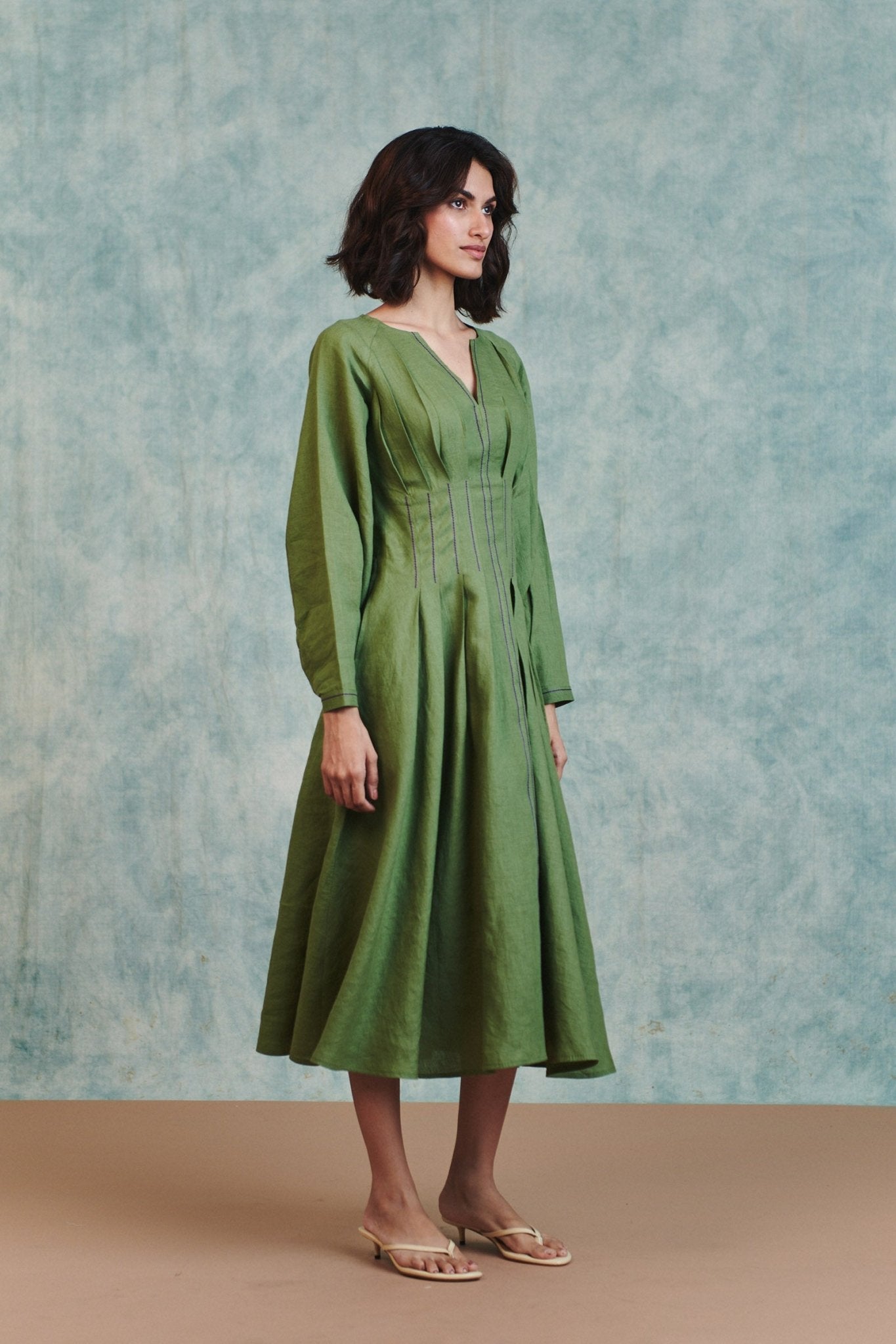 Moss Linen Pleated Waist Dress - CiceroniDressesSaphed