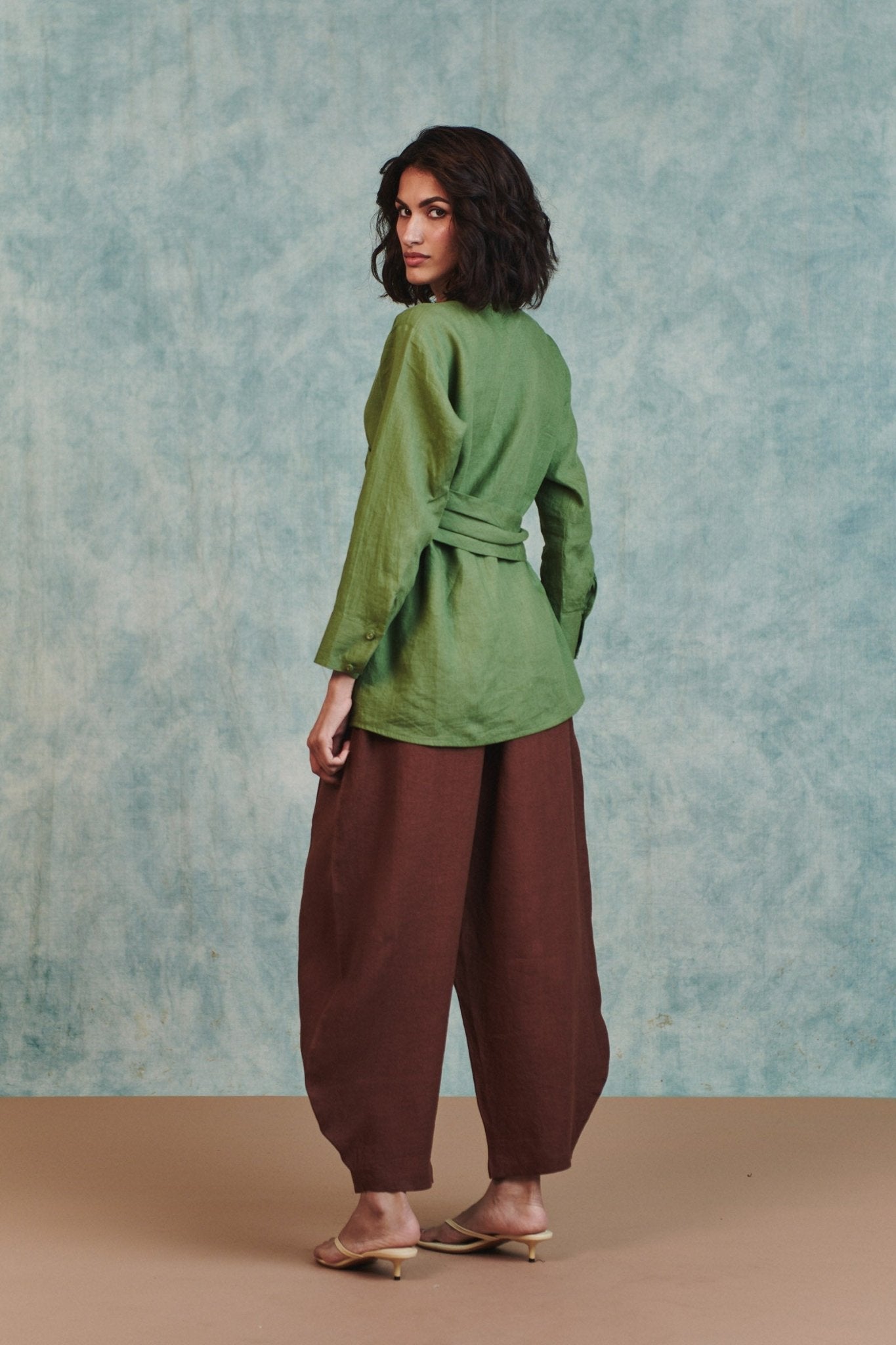 Moss Linen Wrap Top - CiceroniTopsSaphed