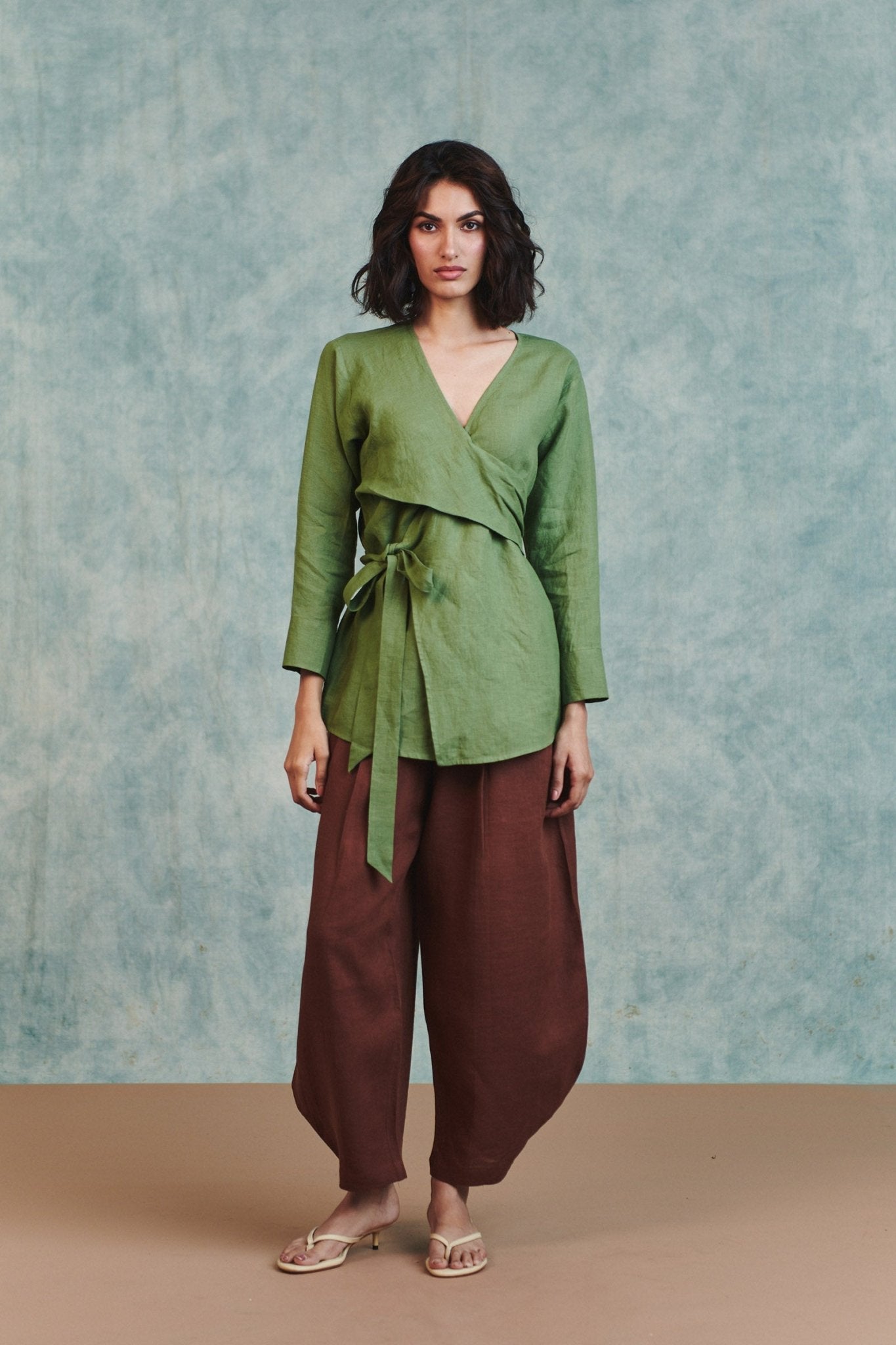 Moss Linen Wrap Top - CiceroniTopsSaphed