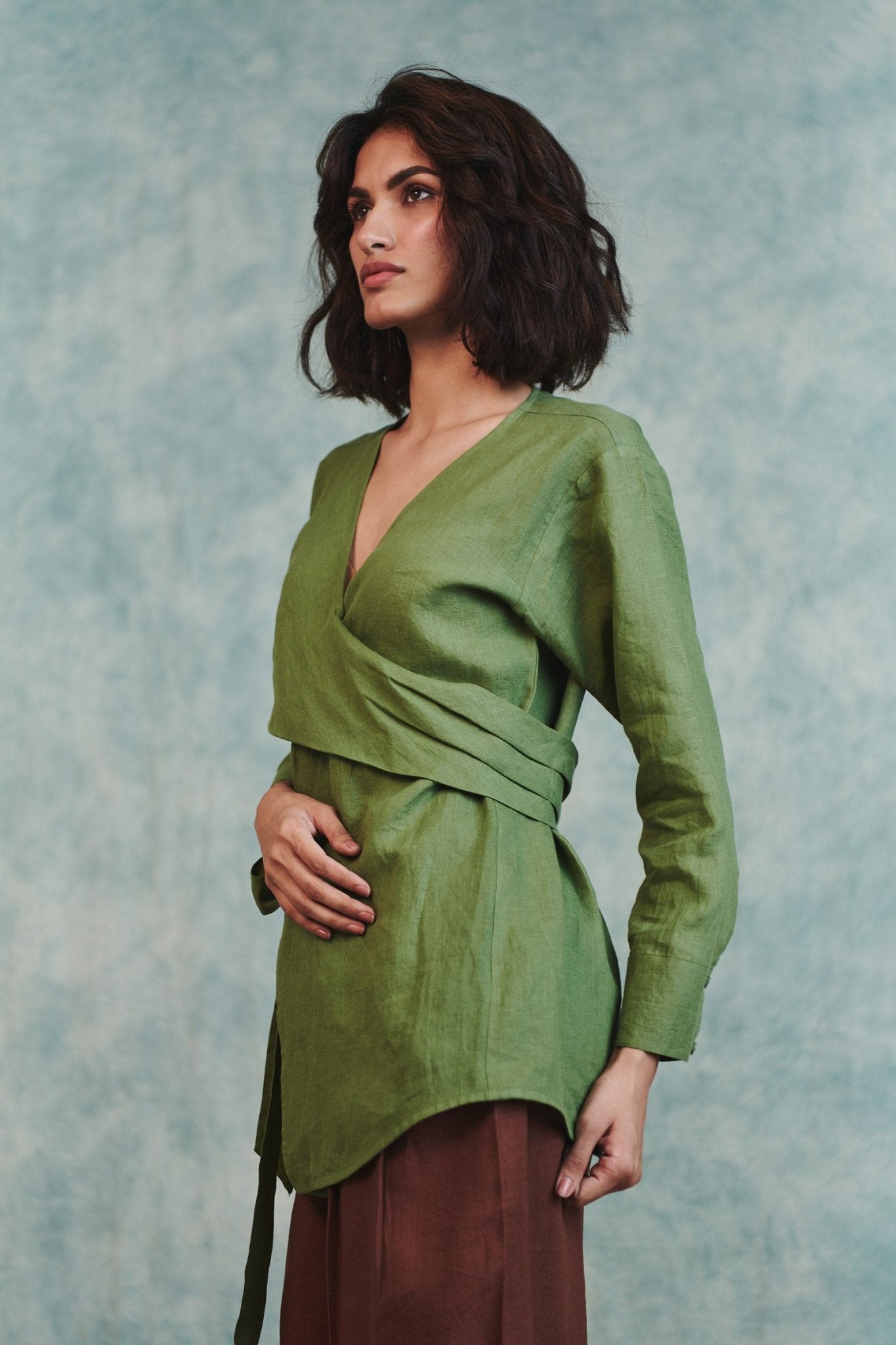 Moss Linen Wrap Top - CiceroniTopsSaphed
