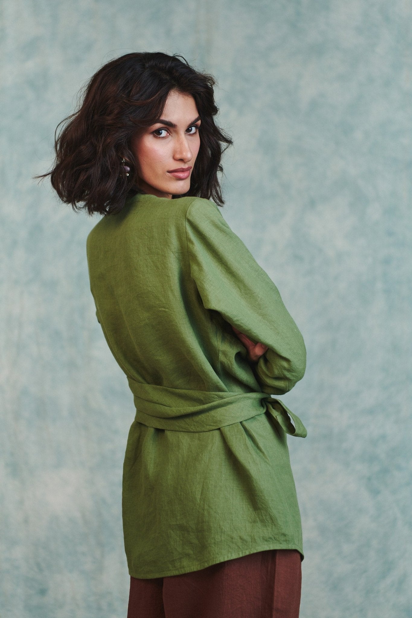 Moss Linen Wrap Top - CiceroniTopsSaphed