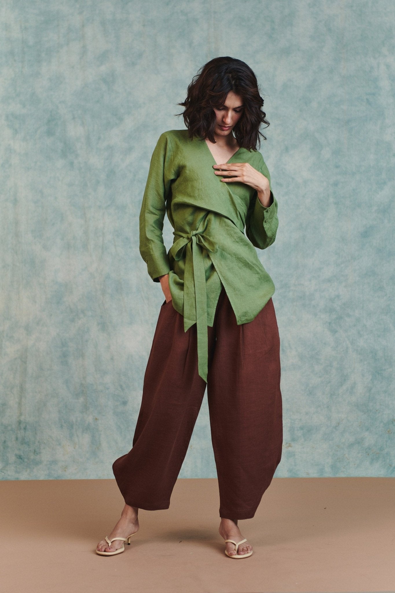 Moss Linen Wrap Top - CiceroniTopsSaphed