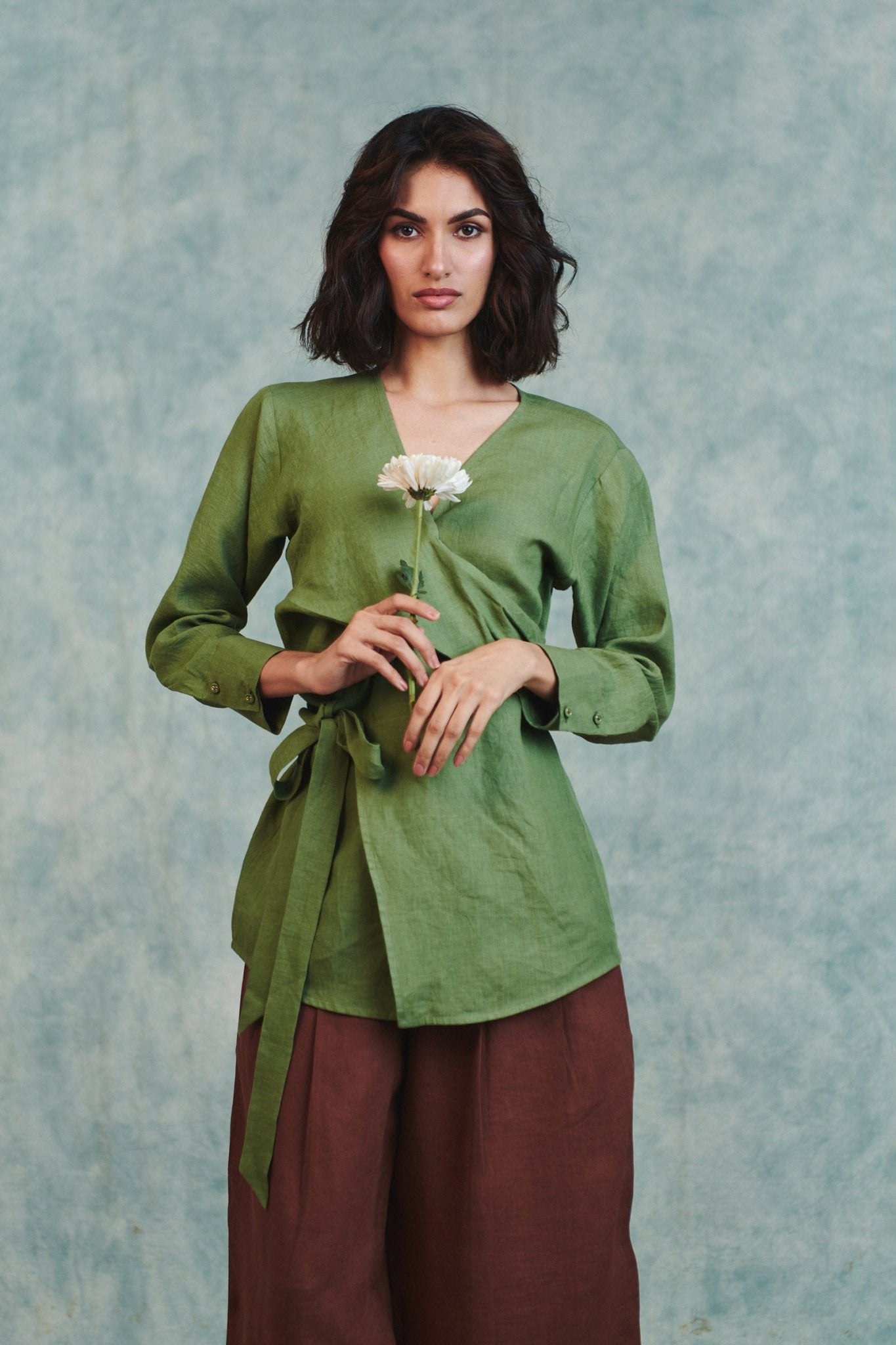 Moss Linen Wrap Top - CiceroniTopsSaphed