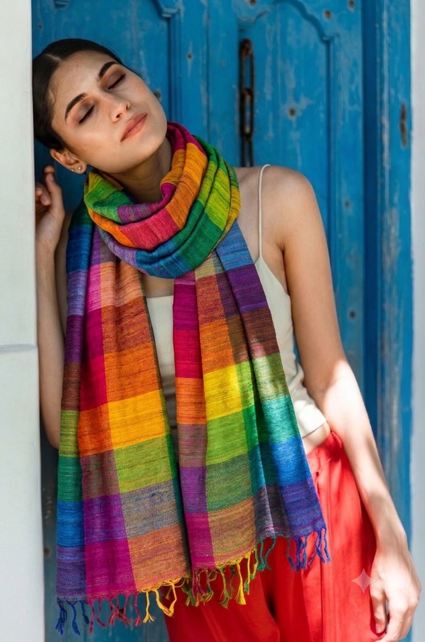 Multicolor Madras Checks Peace Silk Scarf for Women - CiceroniScarfAeshaane