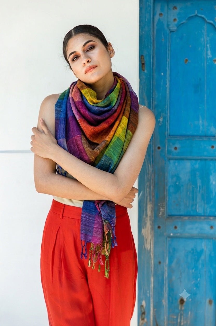 Multicolor Madras Checks Peace Silk Scarf for Women - CiceroniScarfAeshaane