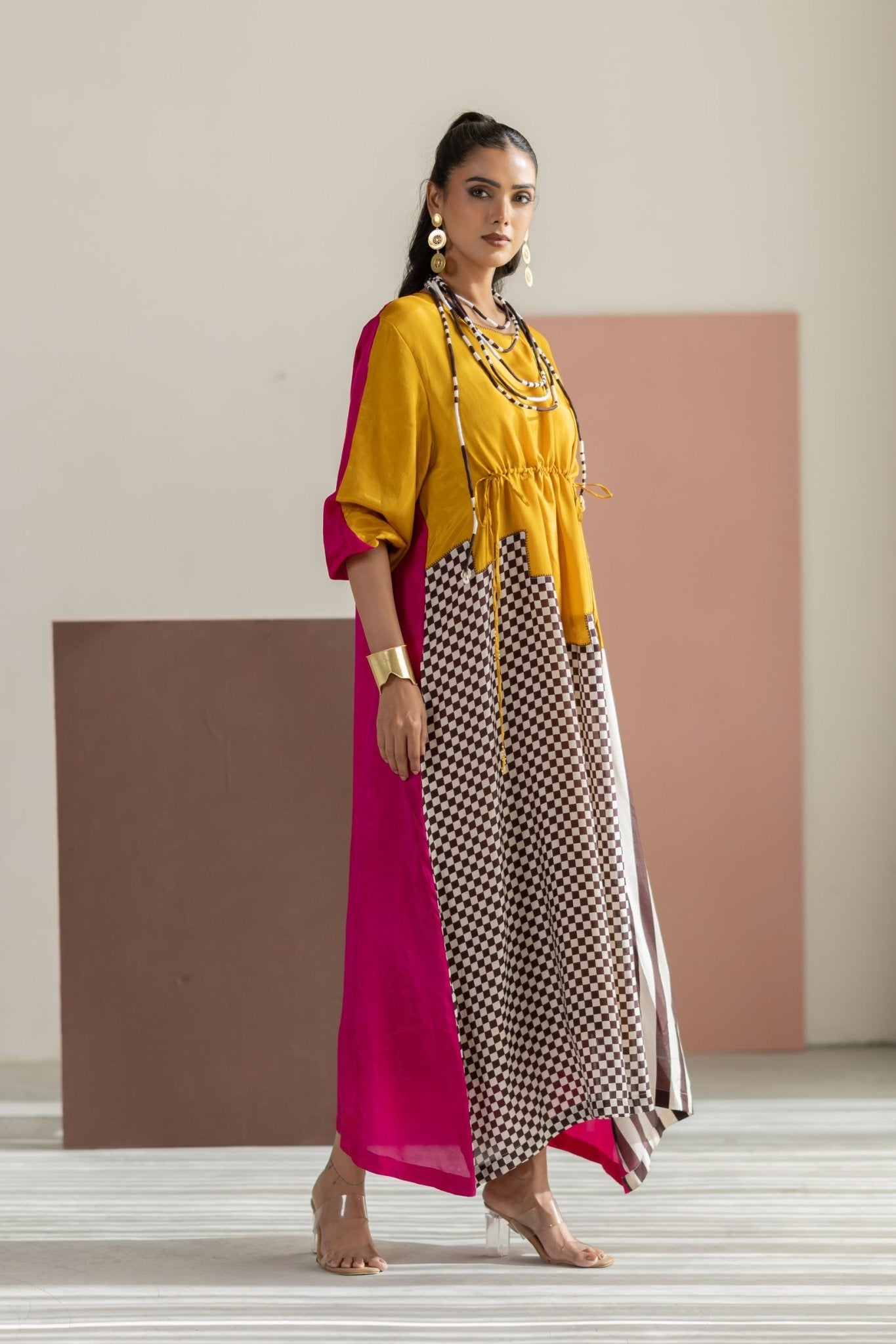Mustard and Hot Pink Dress - CiceroniDressesTussah