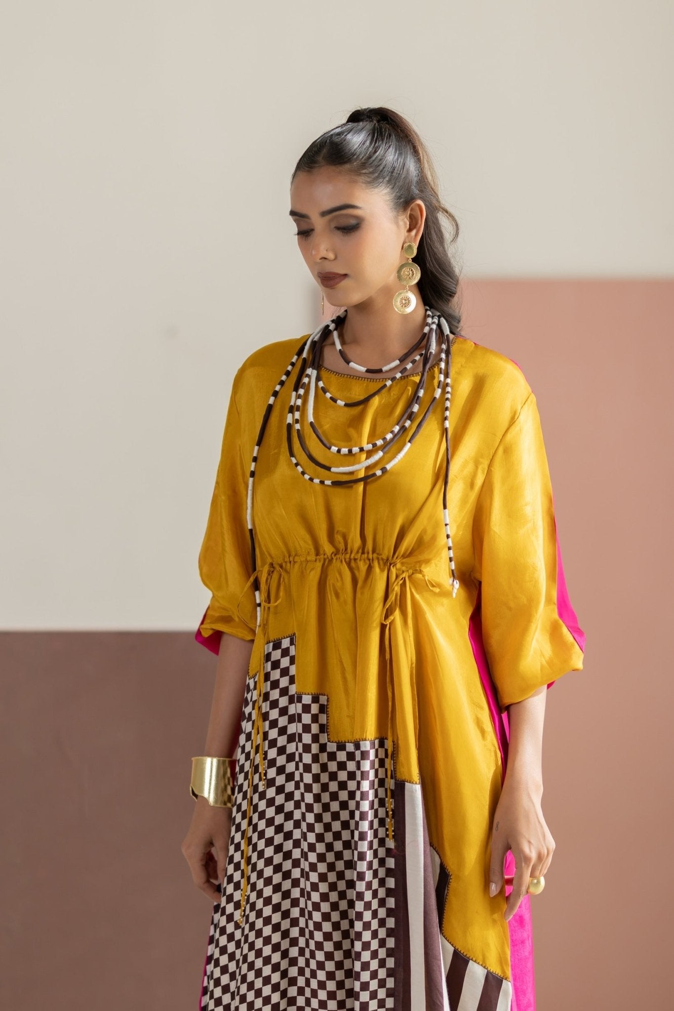 Mustard and Hot Pink Dress - CiceroniDressesTussah