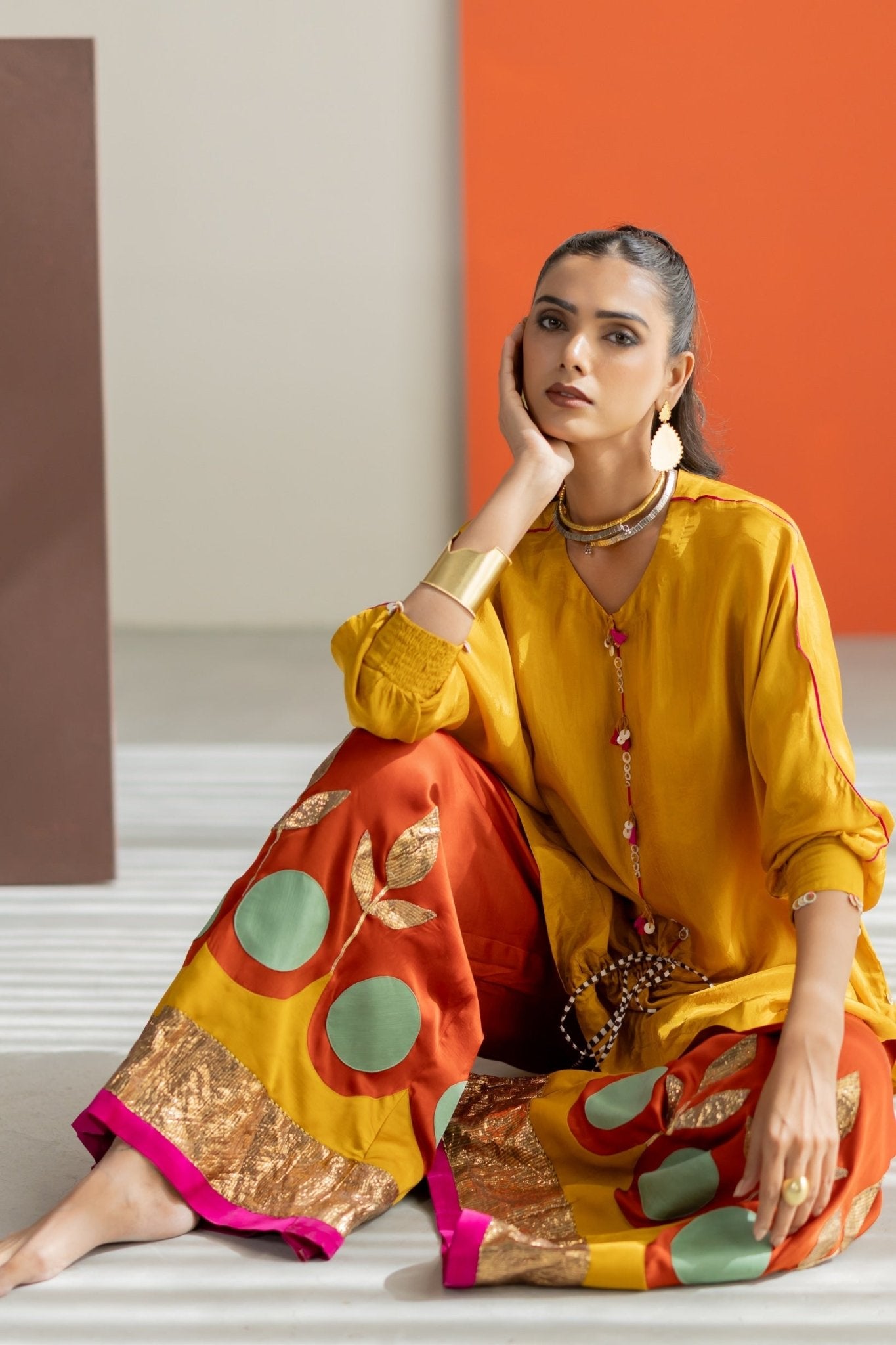 Mustard Top and Orange Lampi Gota Pants Set - CiceroniCo-ord SetTussah