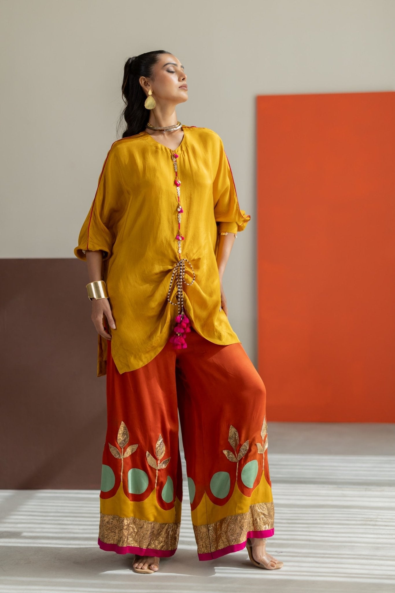 Mustard Top and Orange Lampi Gota Pants Set - CiceroniCo-ord SetTussah