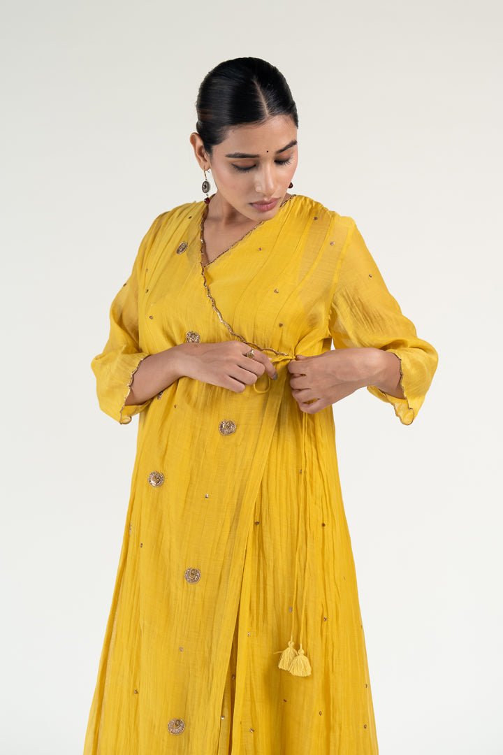 Mustard Yellow Angarkha Set with Shama Odhani - CiceroniKurta Set, Festive WearNirjara