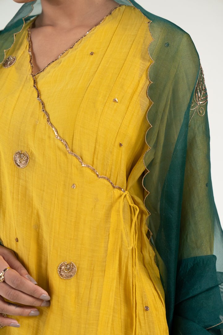 Mustard Yellow Angarkha Set with Shama Odhani - CiceroniKurta Set, Festive WearNirjara