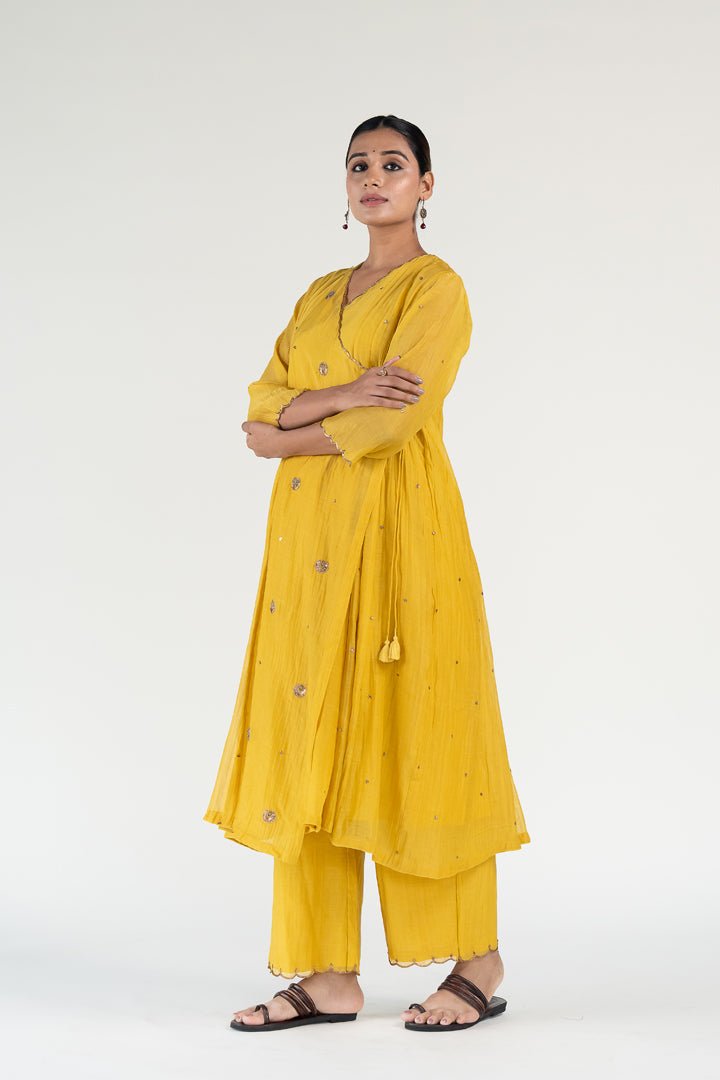 Mustard Yellow Angarkha Set with Shama Odhani - CiceroniKurta Set, Festive WearNirjara