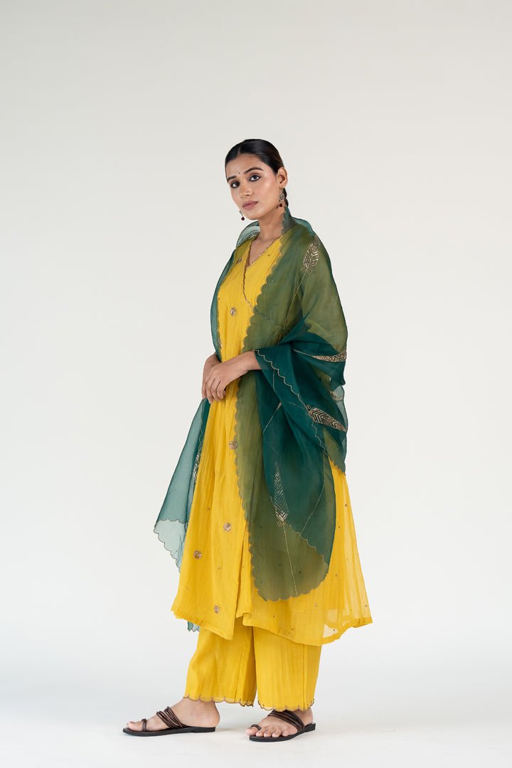 Mustard Yellow Angarkha Set with Shama Odhani - CiceroniKurta Set, Festive WearNirjara