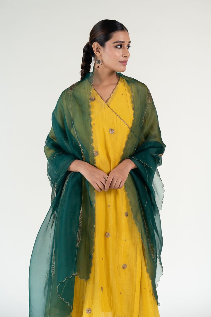 Mustard Yellow Angarkha Set with Shama Odhani - CiceroniKurta Set, Festive WearNirjara