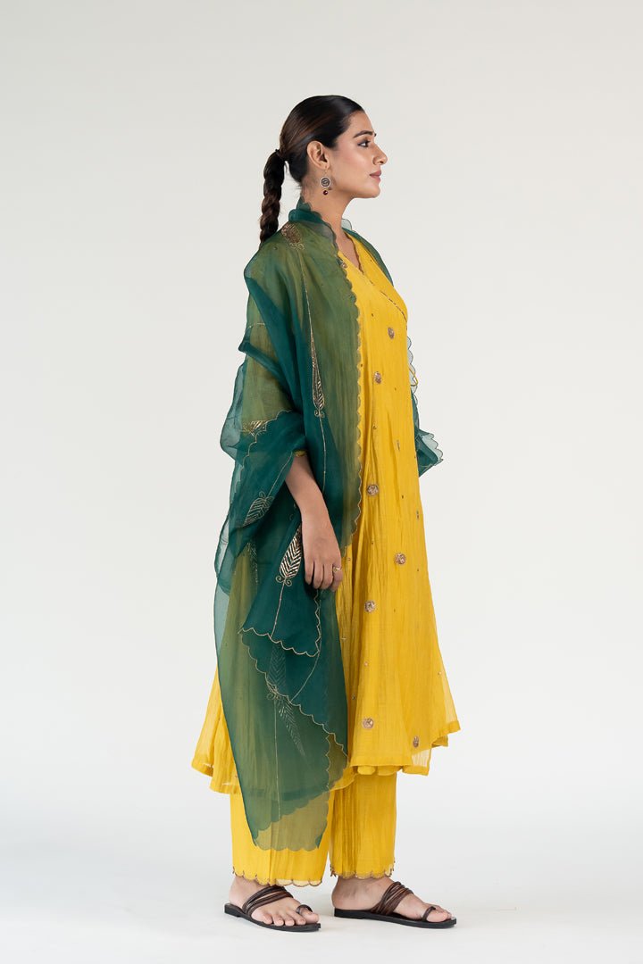 Mustard Yellow Angarkha Set with Shama Odhani - CiceroniKurta Set, Festive WearNirjara