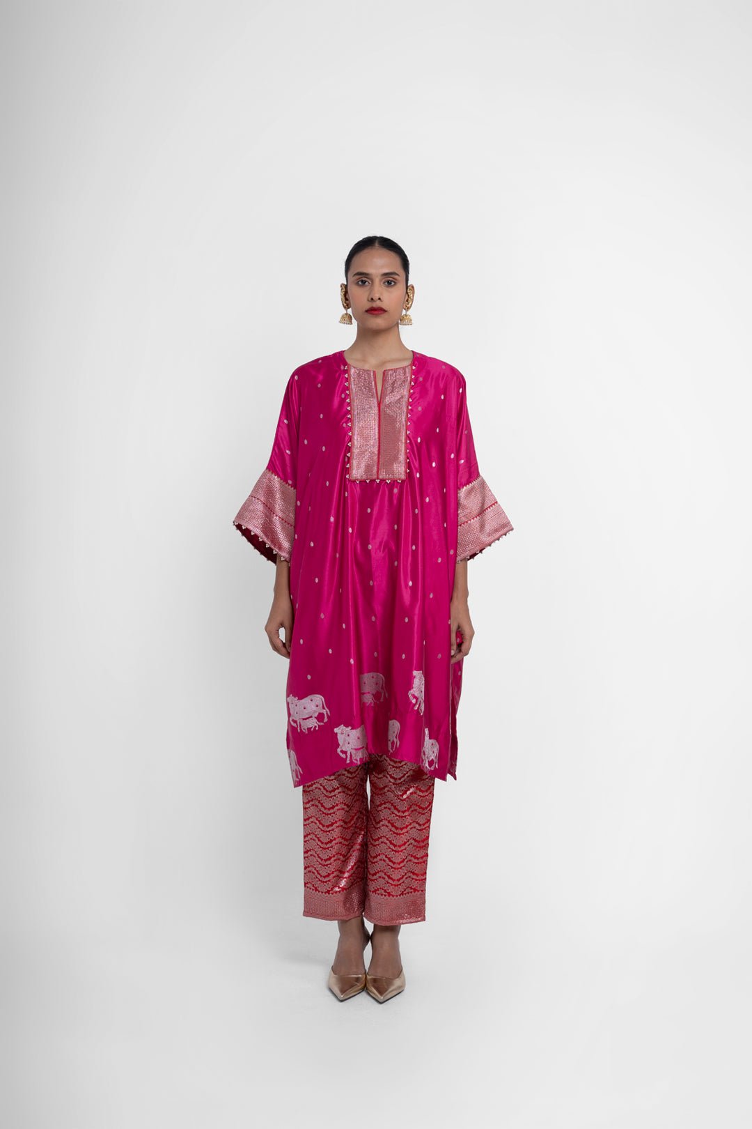 Nandini Kaftan Set In Pink Red - CiceroniKurta Set, Festive WearShriya Singhi
