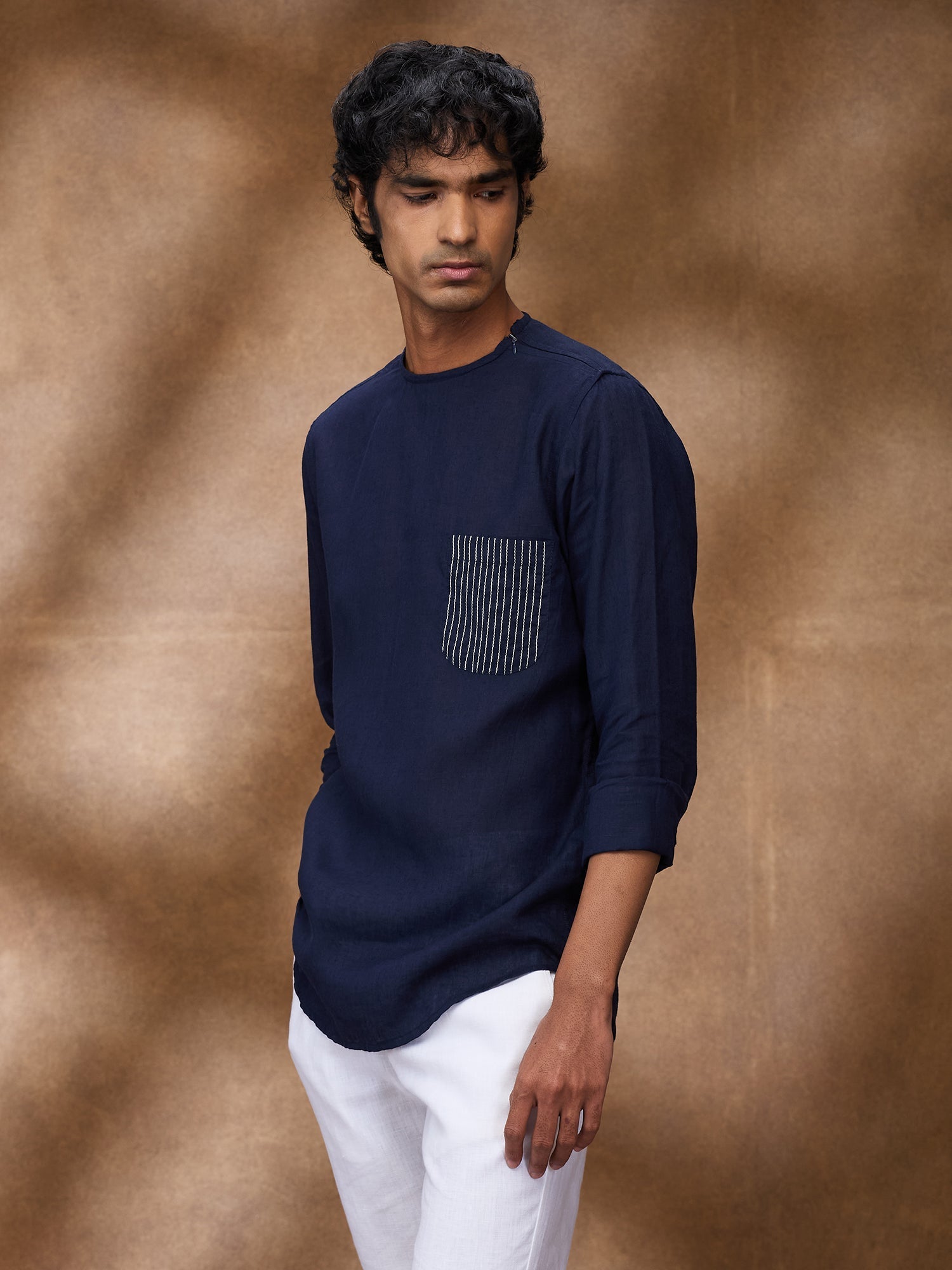 Navy 100% Linen Zippered Kurta - CiceroniMen Shirtsbhrāta