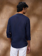 Navy 100% Linen Zippered Kurta - CiceroniMen Shirtsbhrāta