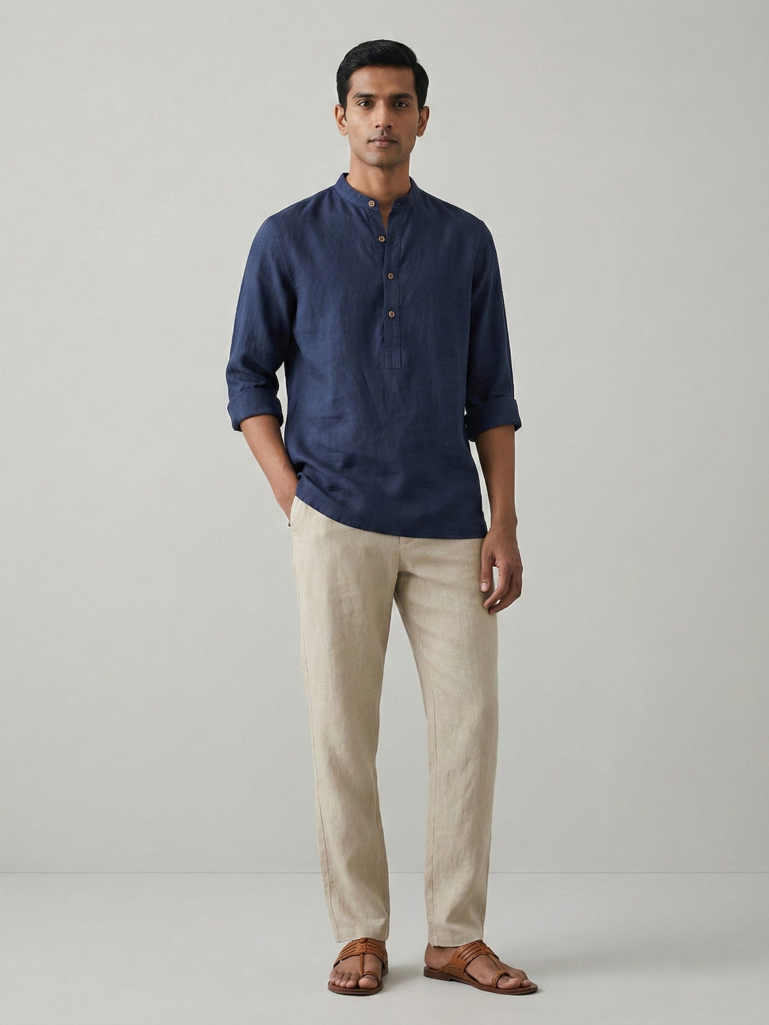 Navy 100% Pure Linen Classic Short Kurta - CiceroniKurta, Everyday Wearbhrāta