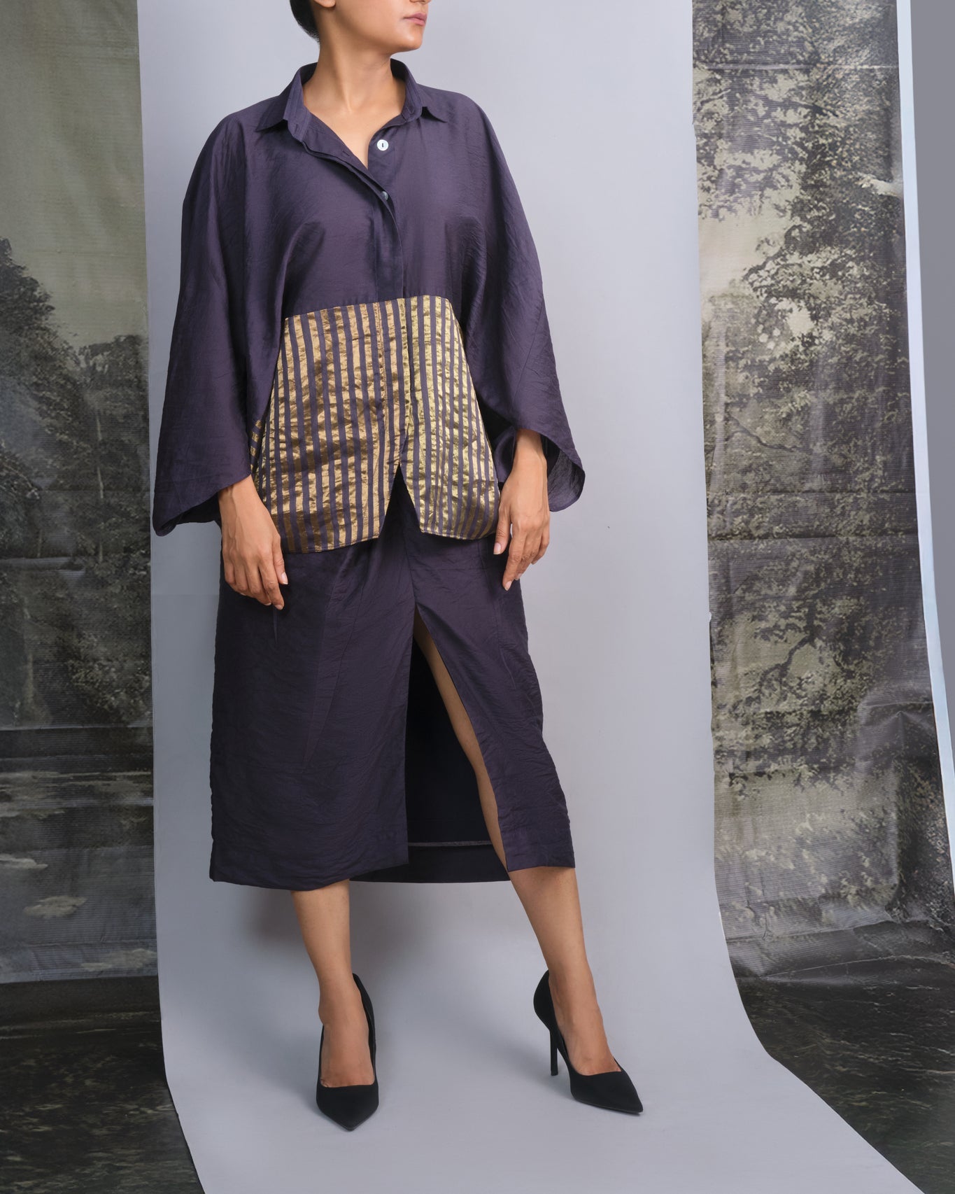 Navy Blue Chanderi Batwing Co - ord Set - CiceroniSkirt SetOtouto