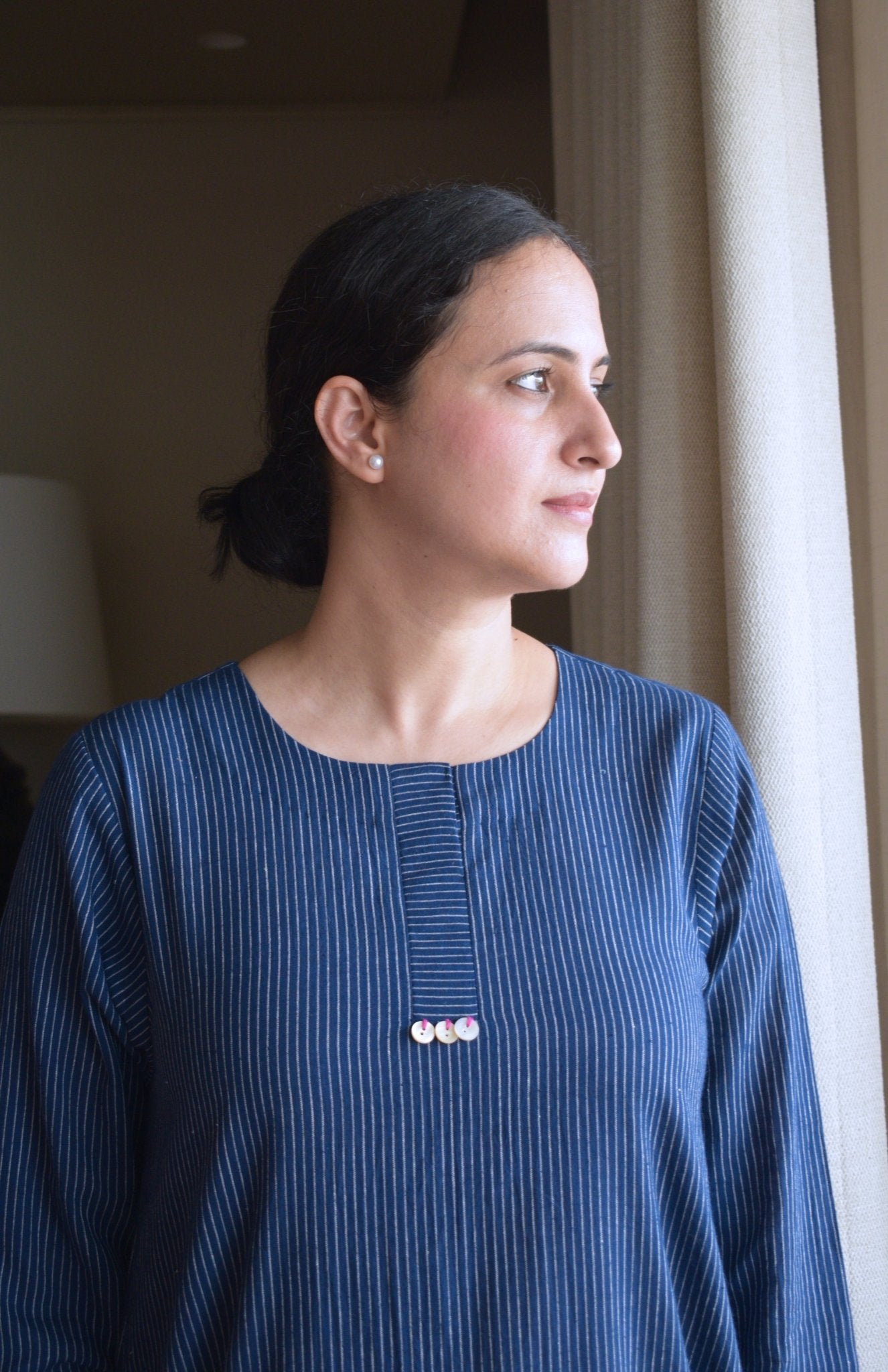 Navy Blue Striped Co - ord Set in Handwoven Cotton - CiceroniKurta Set, Everyday WearHouse of Moxa