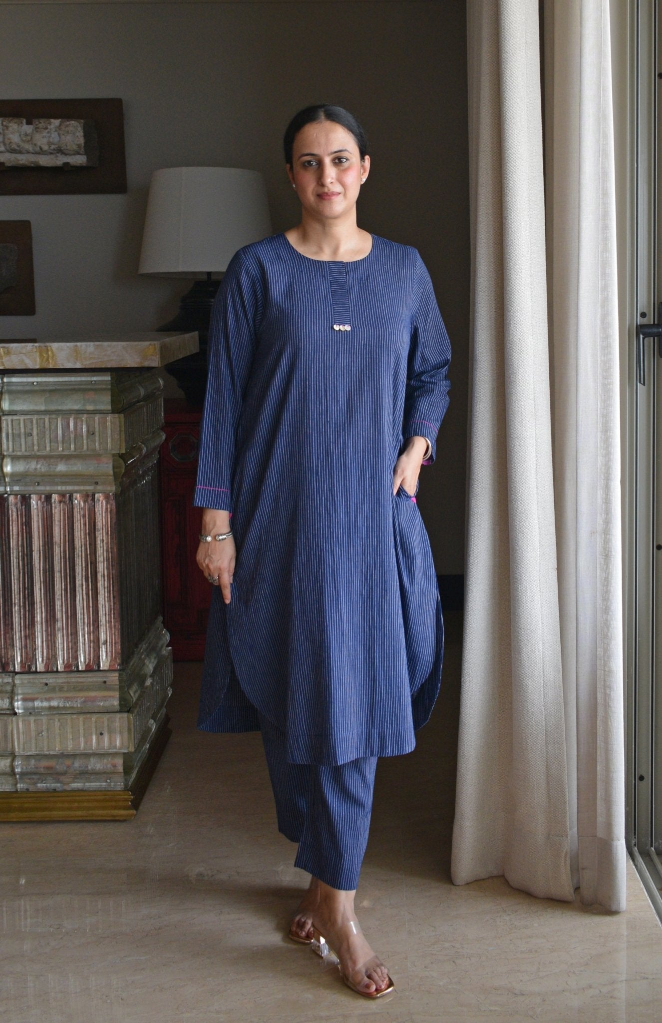 Navy Blue Striped Co - ord Set in Handwoven Cotton - CiceroniKurta Set, Everyday WearHouse of Moxa