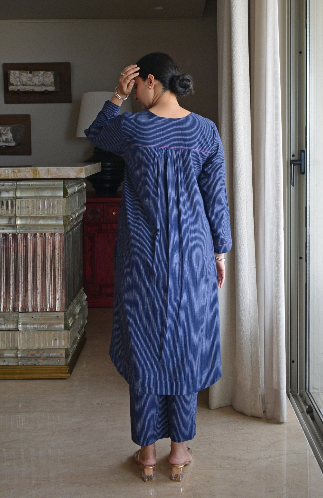 Navy Blue Striped Co - ord Set in Handwoven Cotton - CiceroniKurta Set, Everyday WearHouse of Moxa