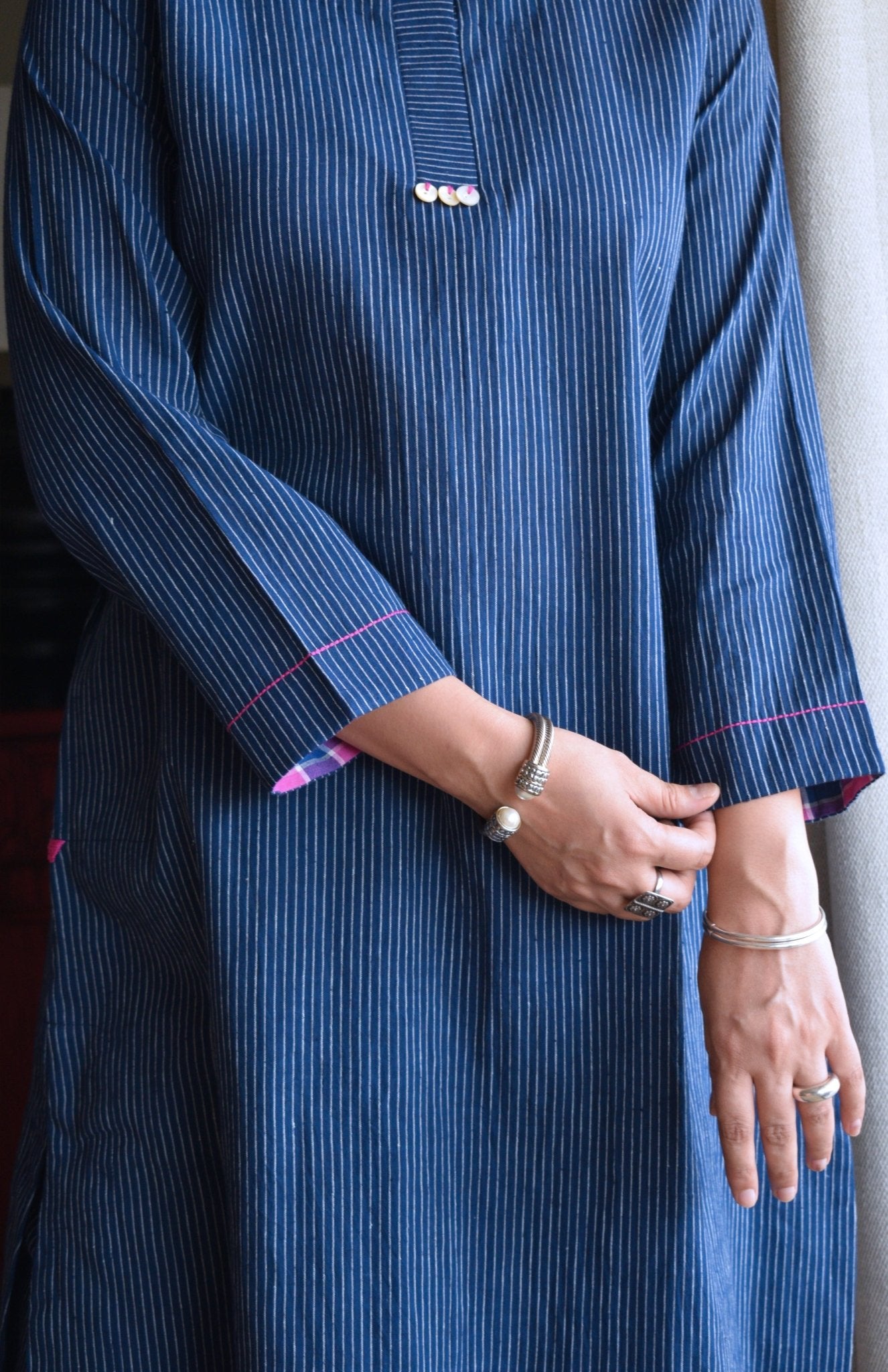 Navy Blue Striped Co - ord Set in Handwoven Cotton - CiceroniKurta Set, Everyday WearHouse of Moxa