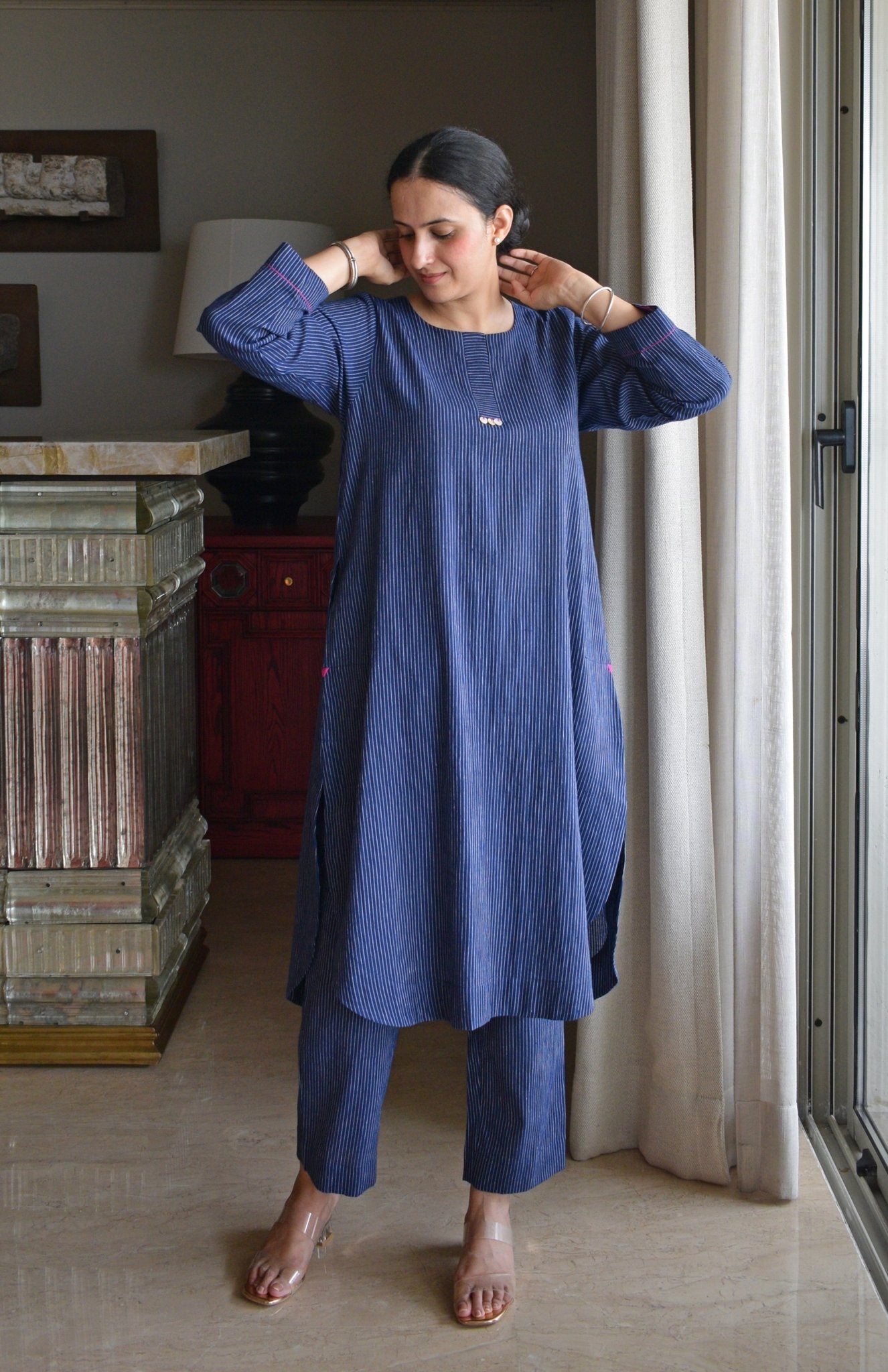 Navy Blue Striped Co - ord Set in Handwoven Cotton - CiceroniKurta Set, Everyday WearHouse of Moxa