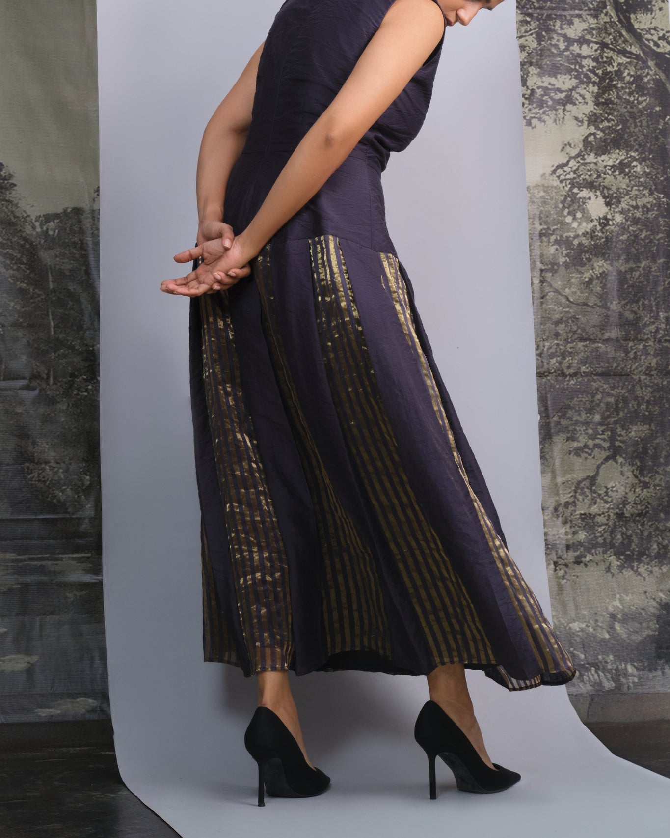 Navy Gold Chanderi Striped Dress - CiceroniDressesOtouto