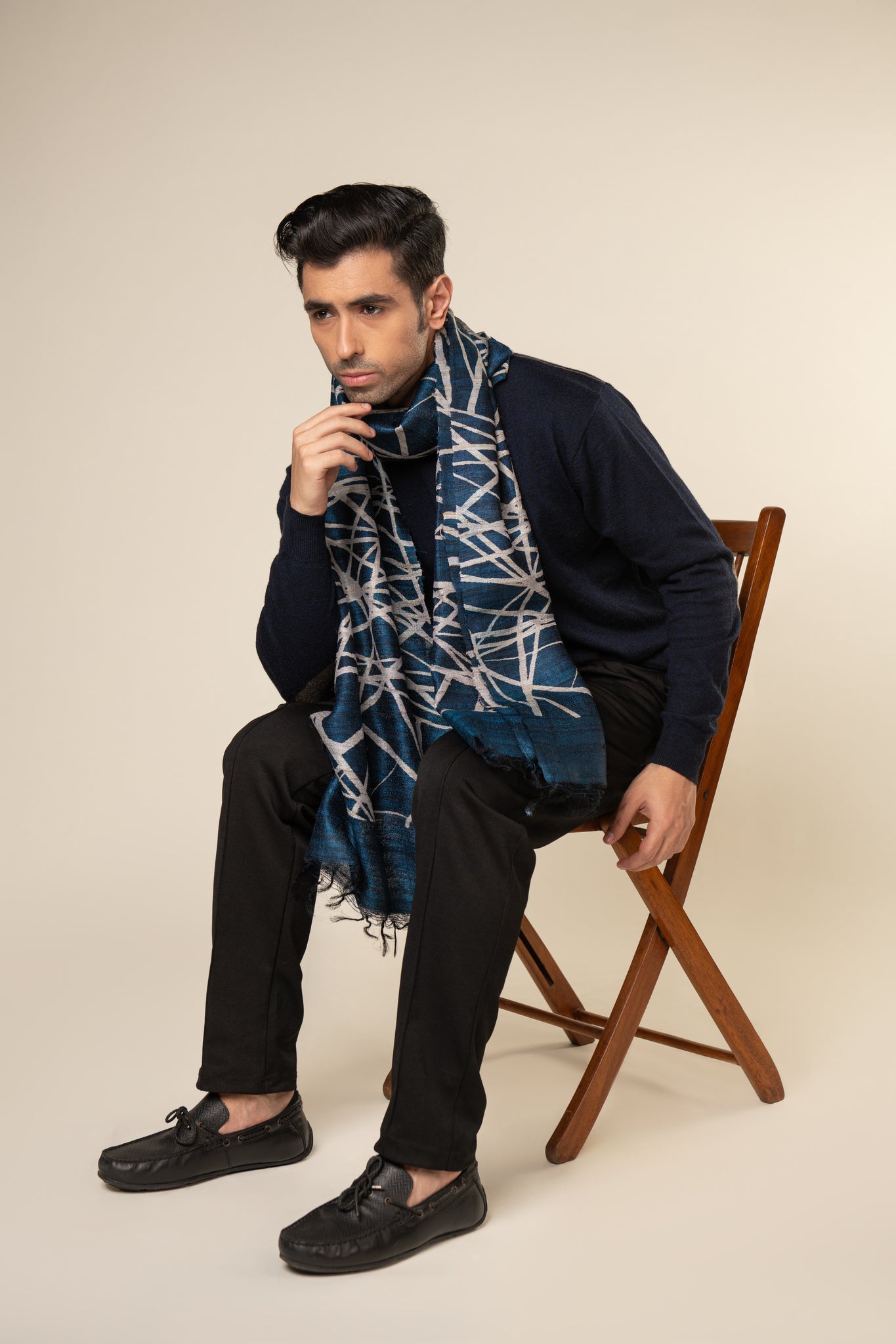 Navy Lattice Tussar Peace Silk Scarf - CiceroniMens ScarfAeshaane