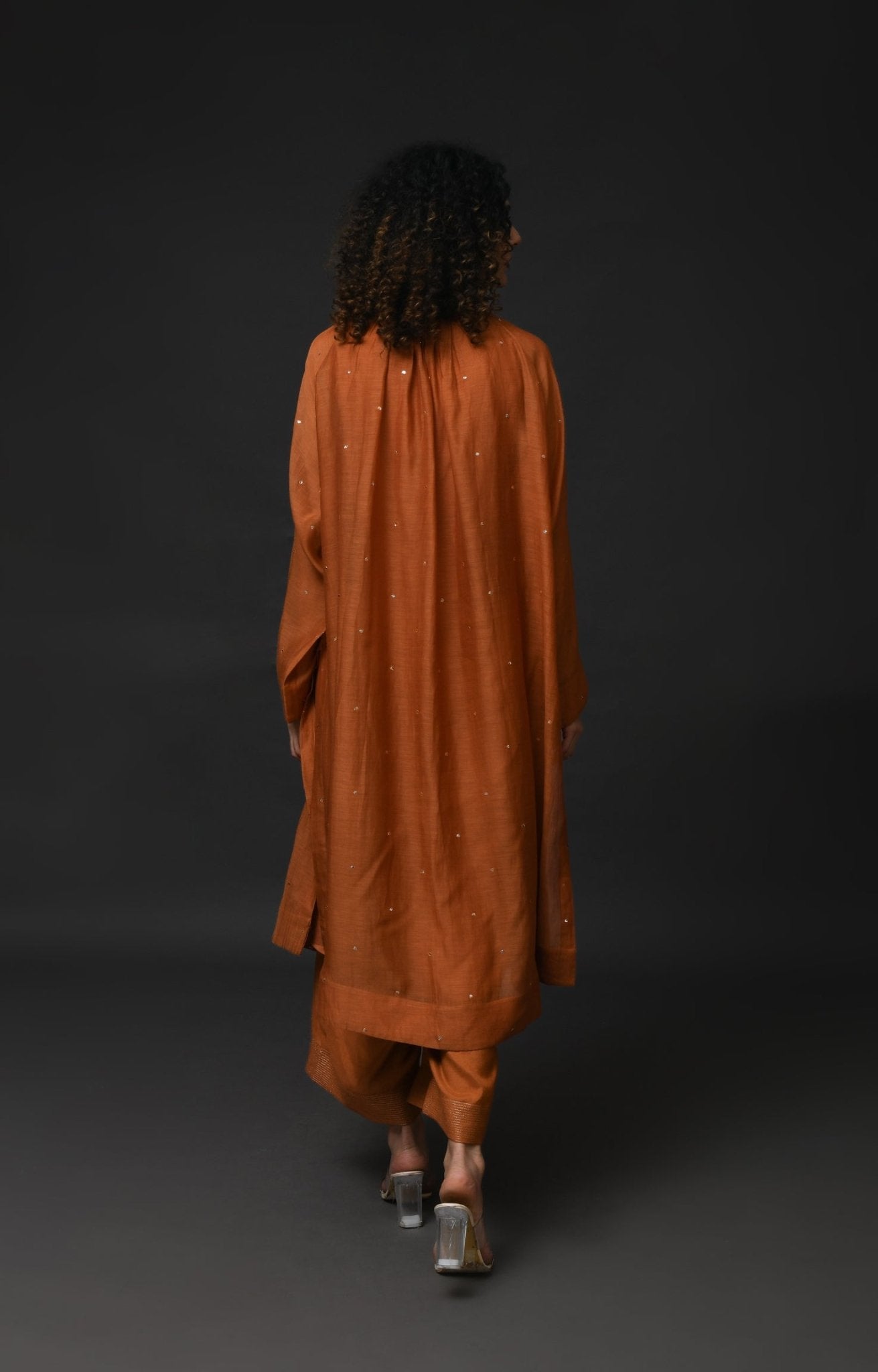 Neck Gather Metallic Dots Chanderi Co - Ord (Set of 2) - Copper - CiceroniKurta Set, Festive WearHiranya