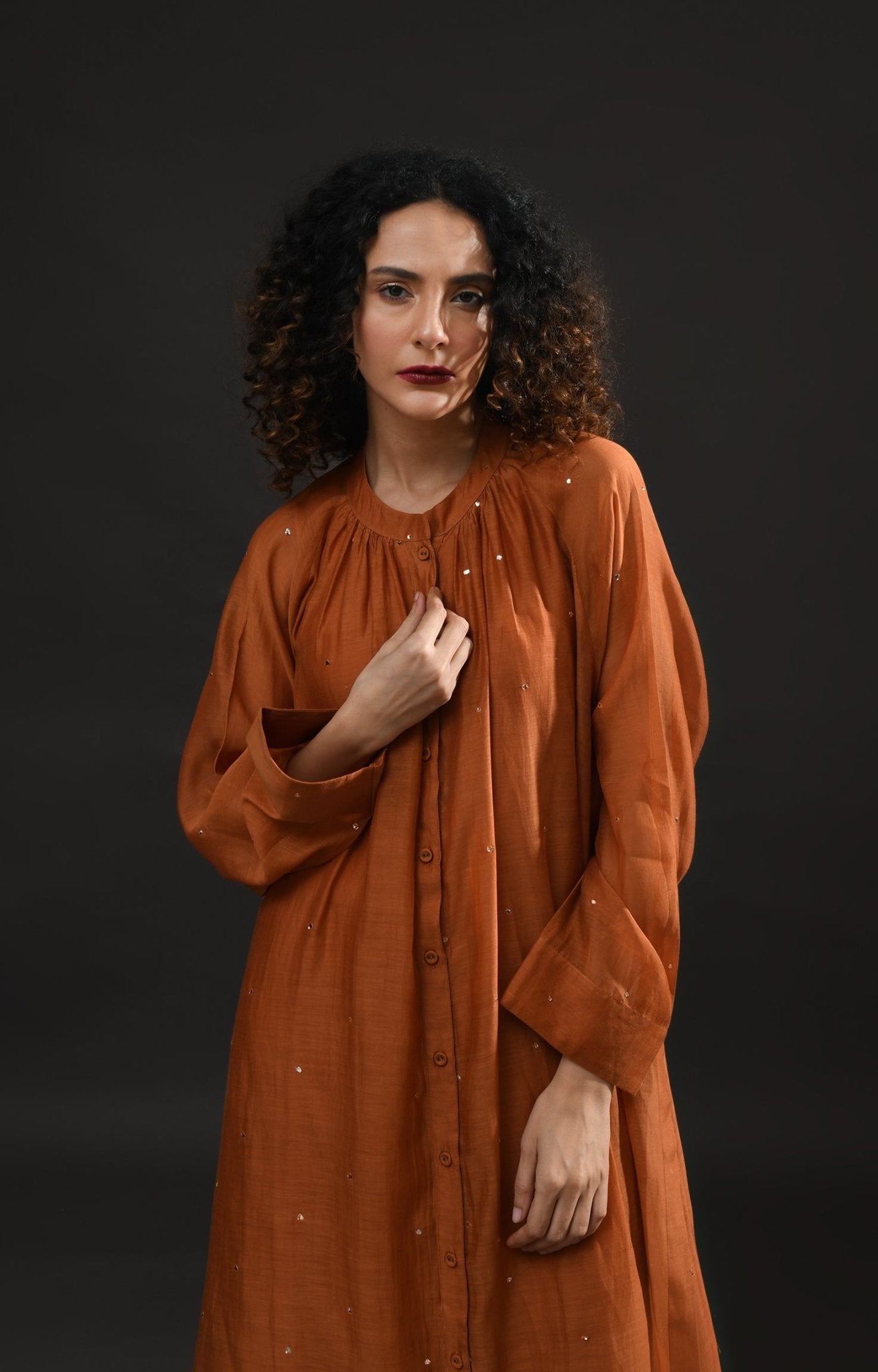 Neck Gather Metallic Dots Chanderi Co - Ord (Set of 2) - Copper - CiceroniKurta Set, Festive WearHiranya