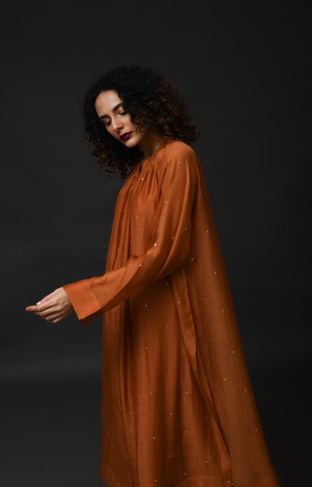 Neck Gather Metallic Dots Chanderi Co - Ord (Set of 2) - Copper - CiceroniKurta Set, Festive WearHiranya