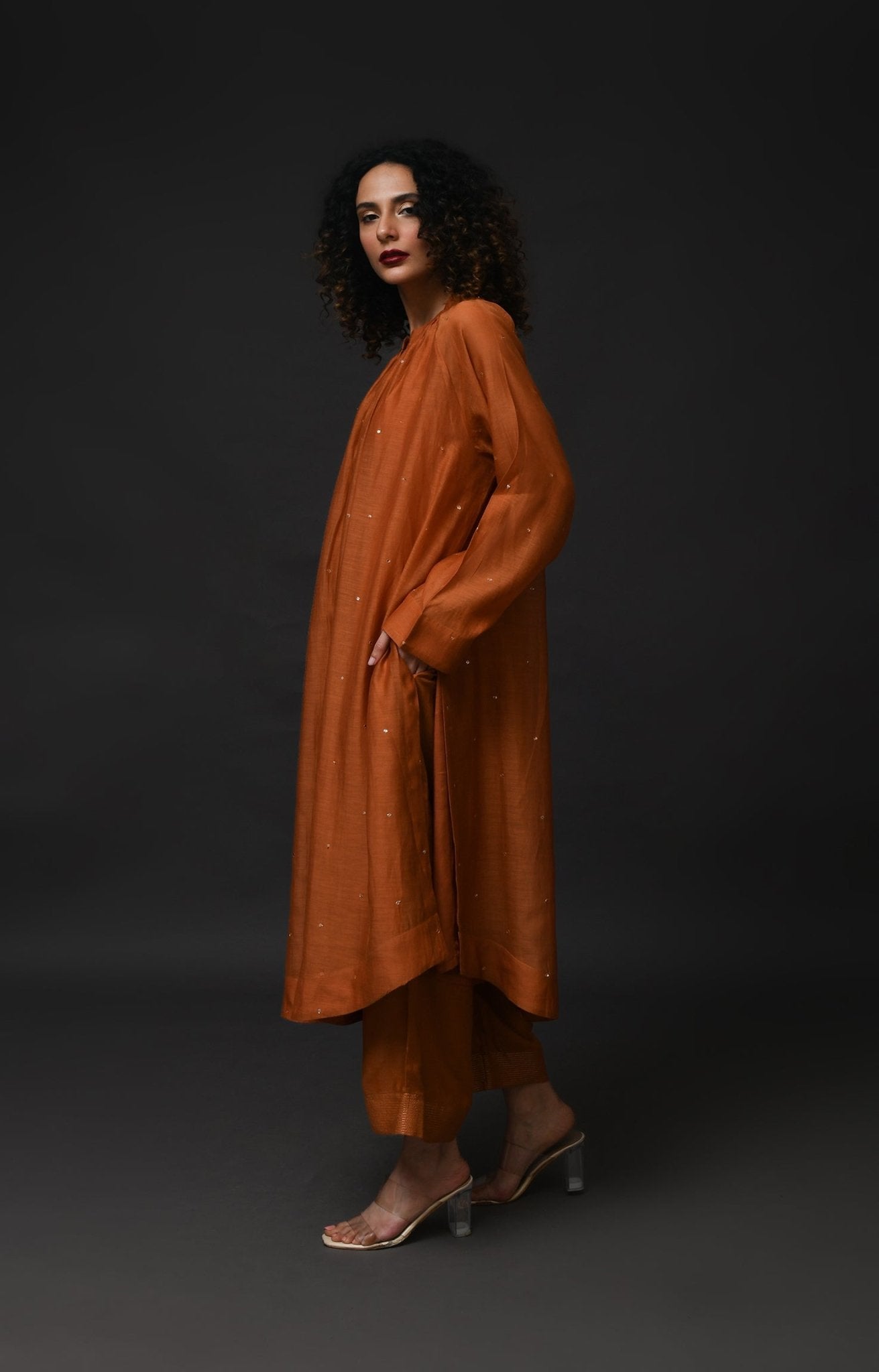 Neck Gather Metallic Dots Chanderi Co - Ord (Set of 2) - Copper - CiceroniKurta Set, Festive WearHiranya