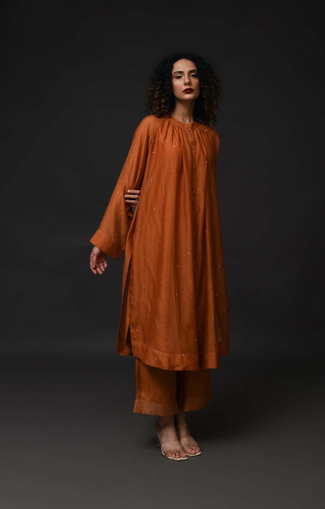 Neck Gather Metallic Dots Chanderi Co - Ord (Set of 2) - Copper - CiceroniKurta Set, Festive WearHiranya