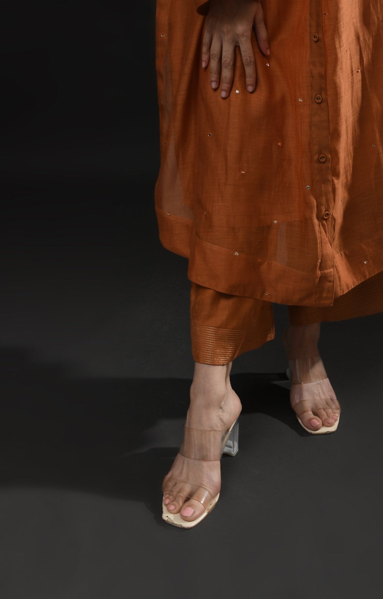 Neck Gather Metallic Dots Chanderi Co - Ord (Set of 2) - Copper - CiceroniKurta Set, Festive WearHiranya