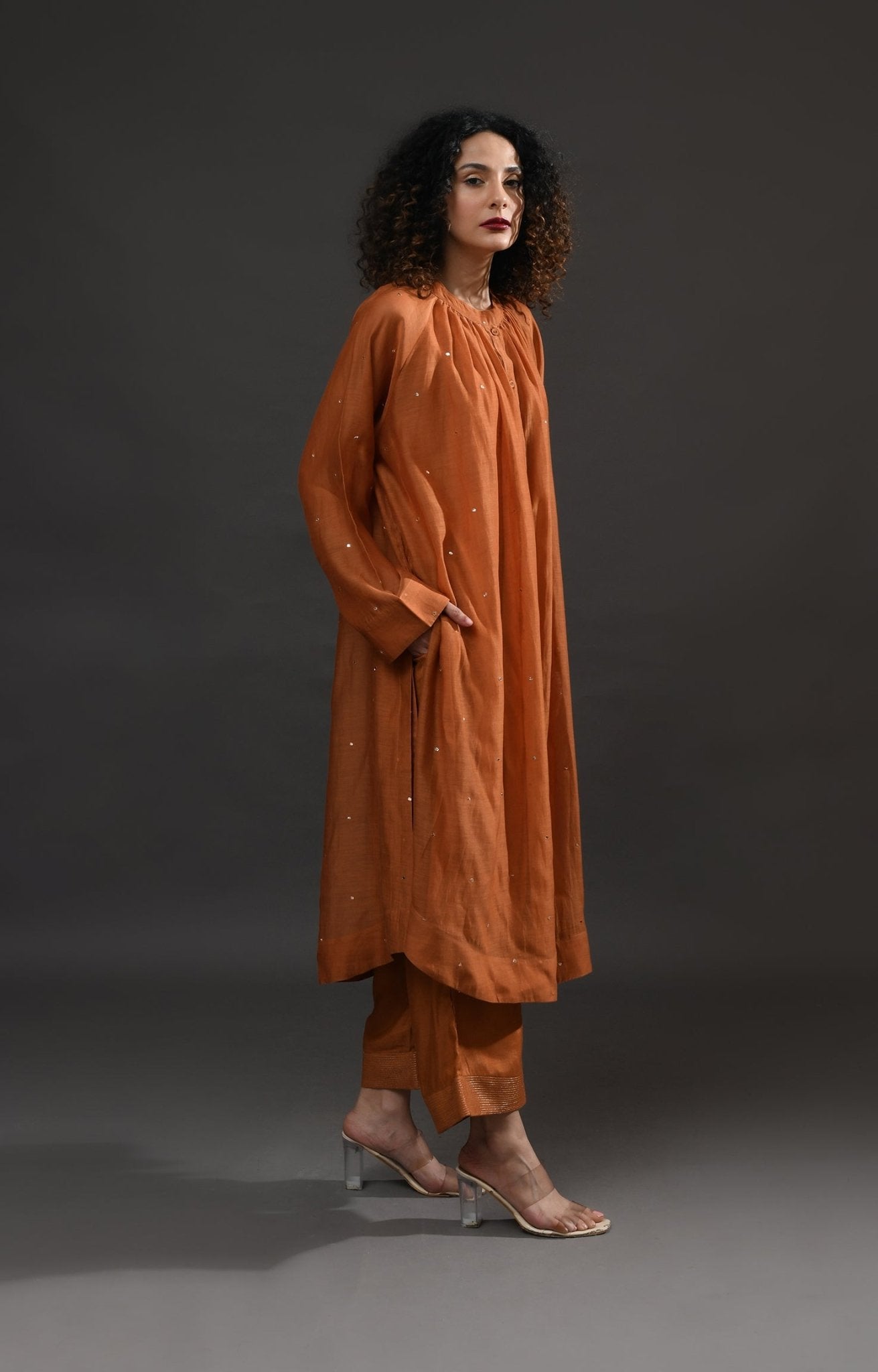 Neck Gather Metallic Dots Chanderi Co - Ord (Set of 2) - Copper - CiceroniKurta Set, Festive WearHiranya